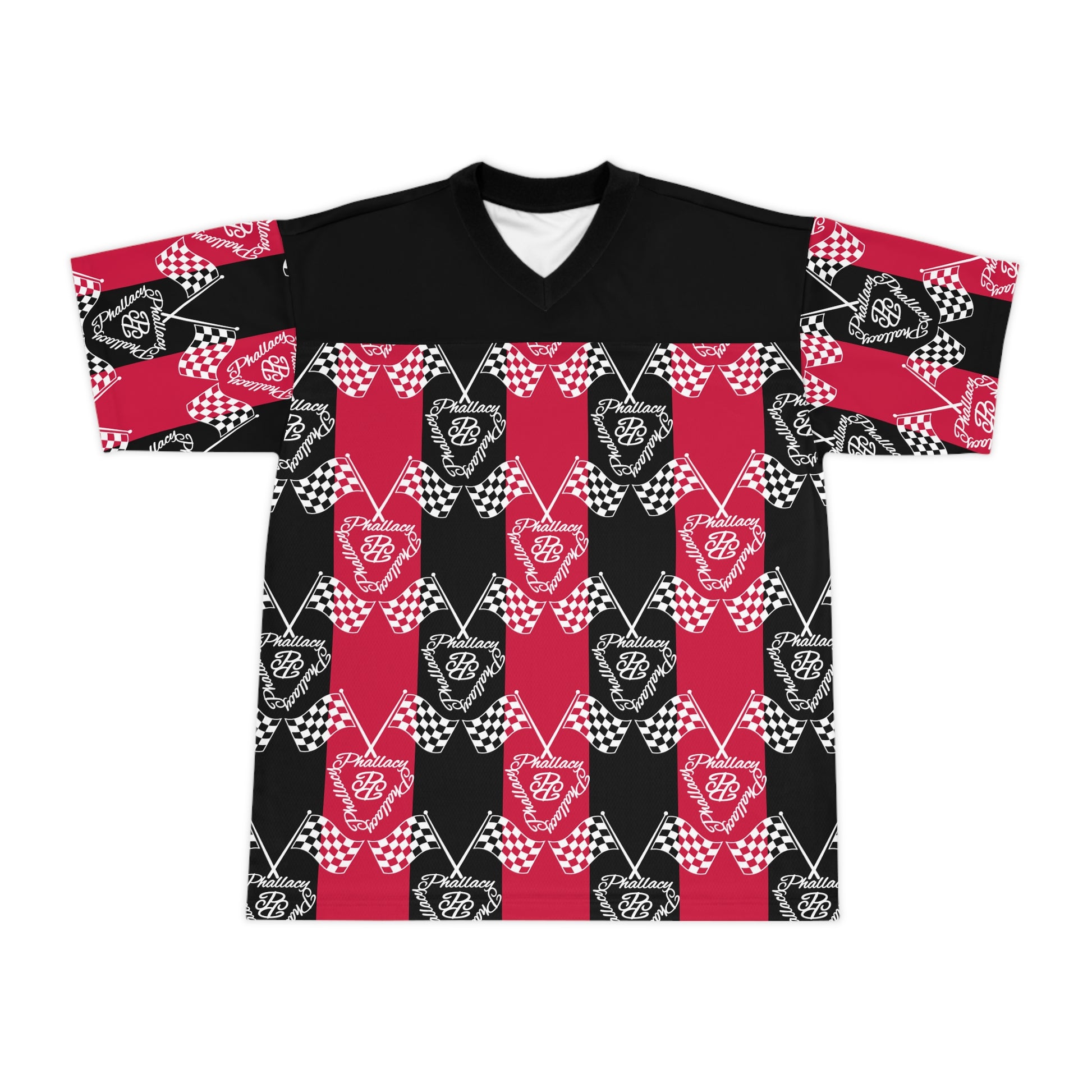 Designer unisex football jersey with a bold all over print featuring checkered patterns in red and black