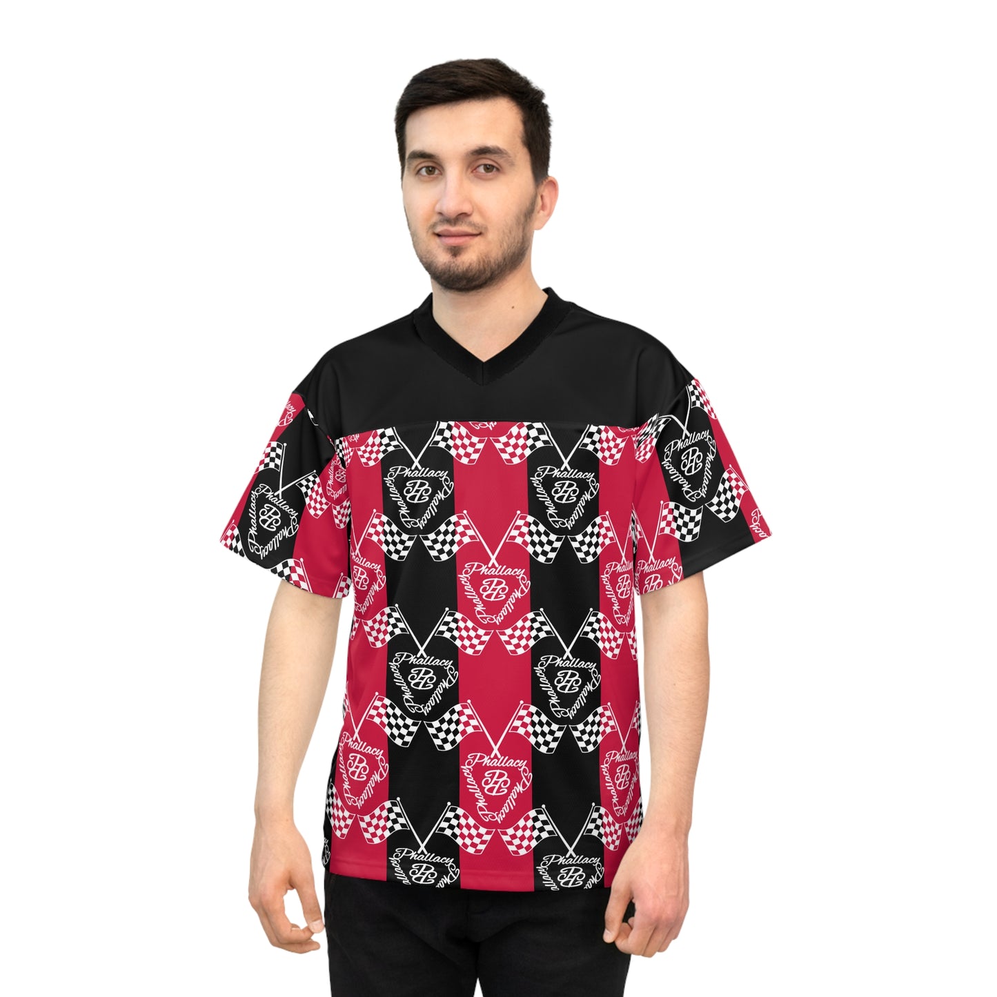 Designer unisex football jersey featuring a vibrant all over print in black and red