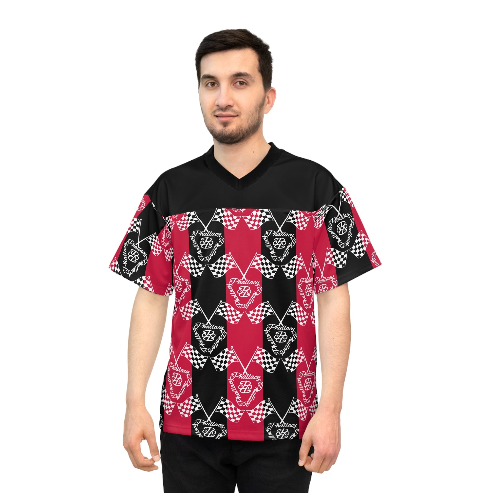 Designer unisex football jersey featuring a vibrant all over print in black and red