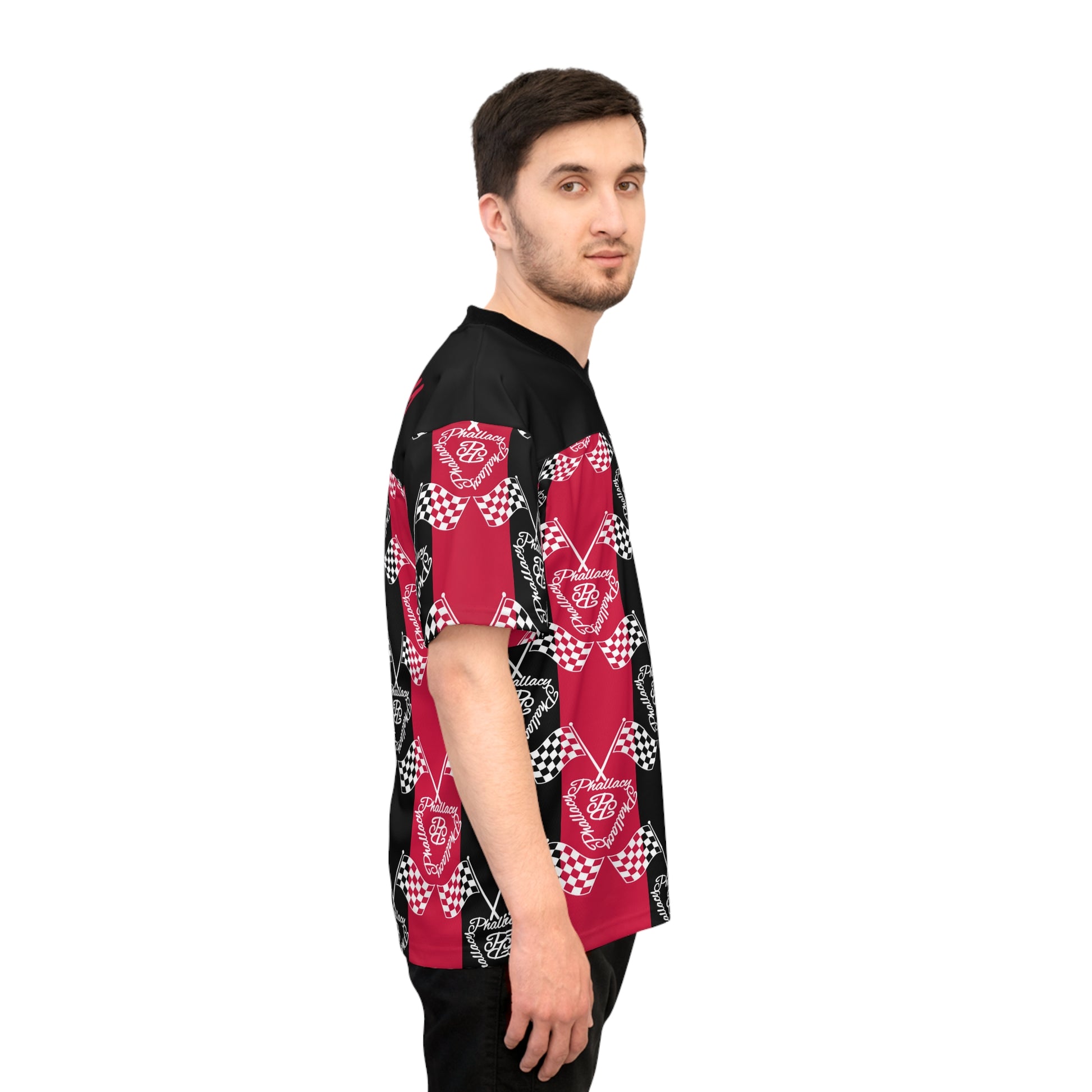 Stylish designer unisex football jersey with a bold red and black all over print design