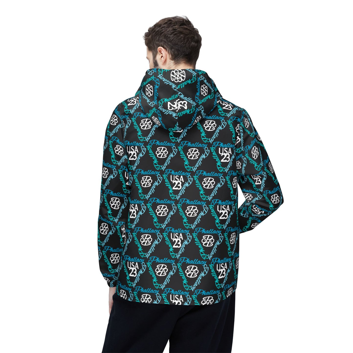 Back view of designer unisex windbreaker jacket featuring a bold print and adjustable hood