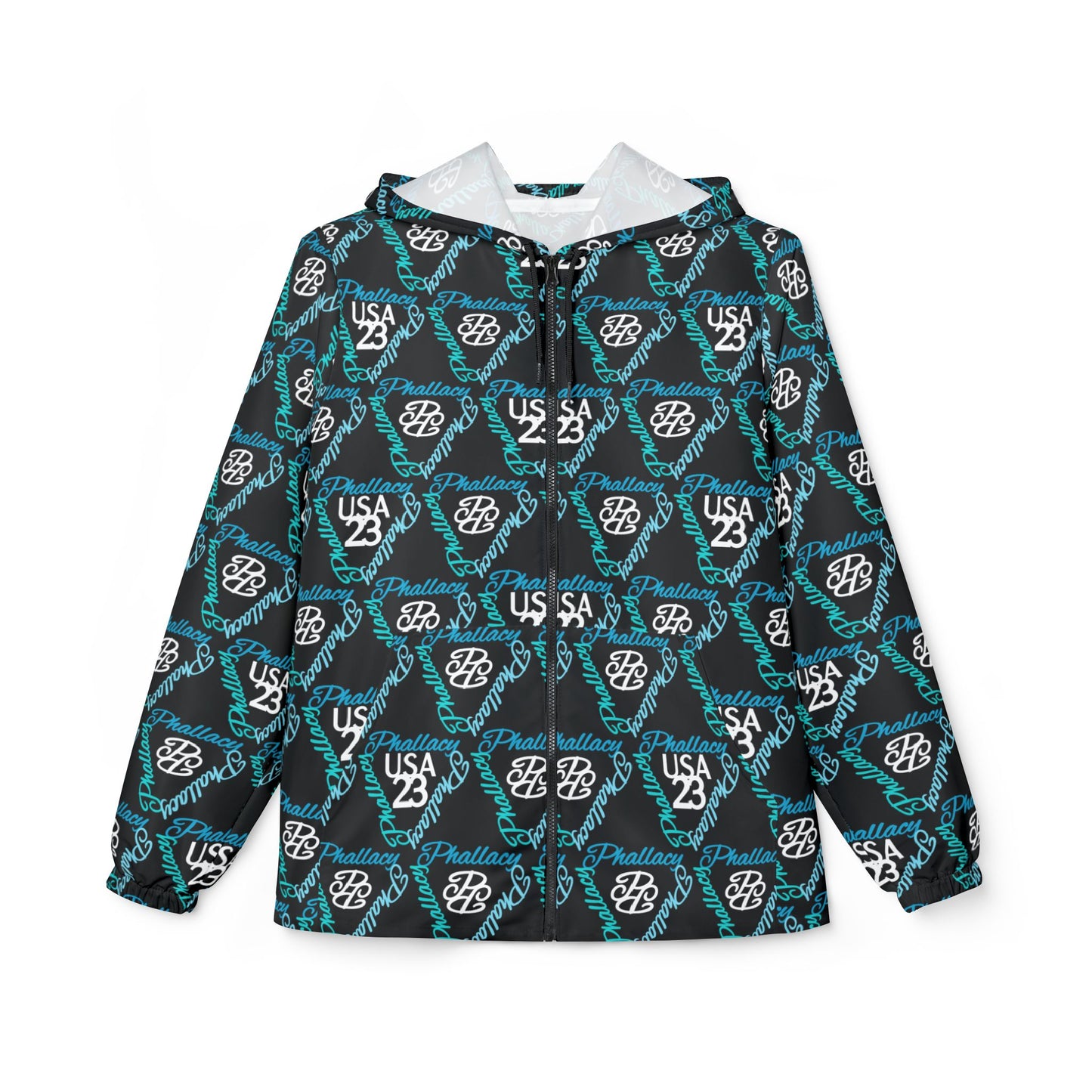Designer unisex windbreaker jacket featuring a stylish black and teal pattern for versatile layering