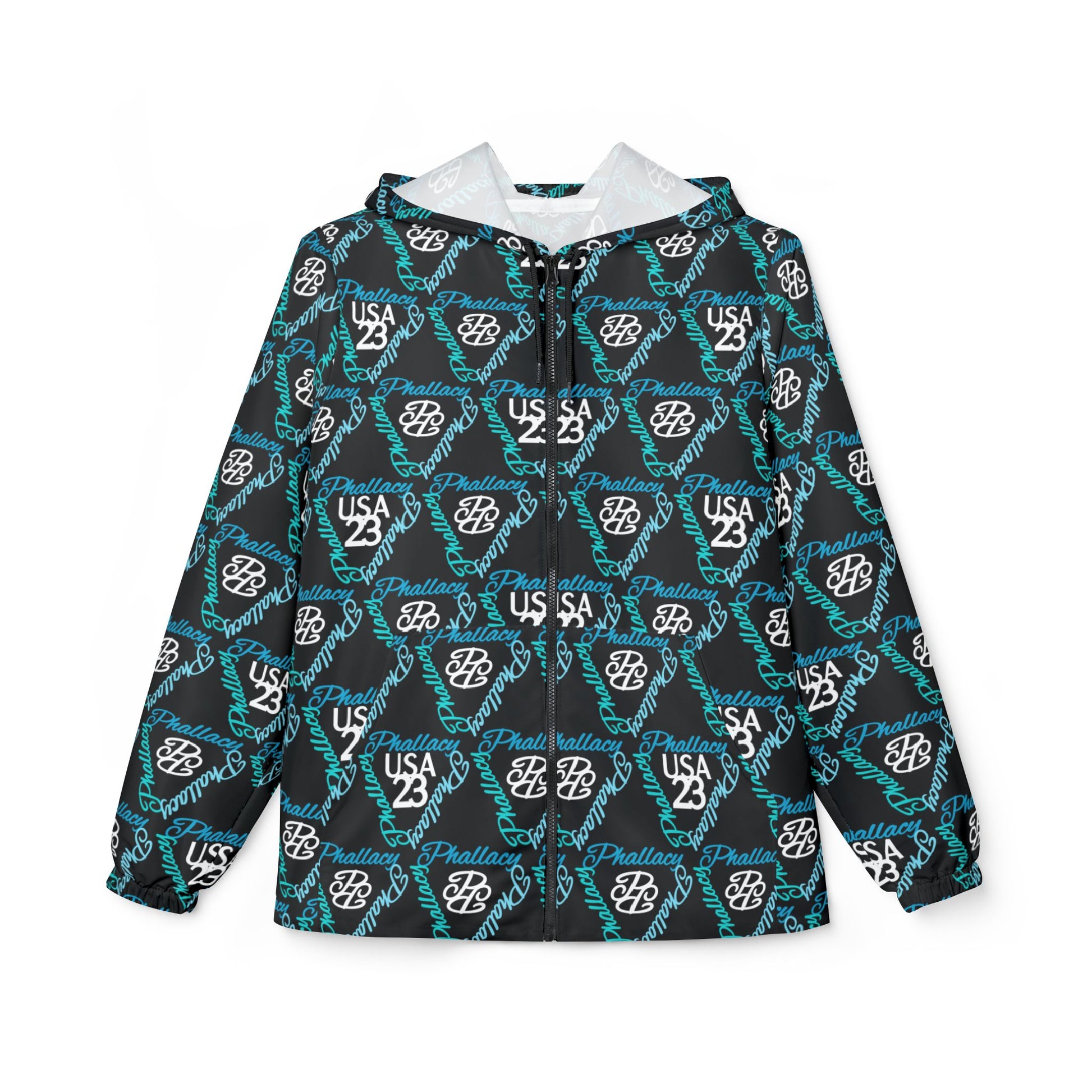 Designer unisex windbreaker jacket featuring a stylish black and teal pattern for versatile layering