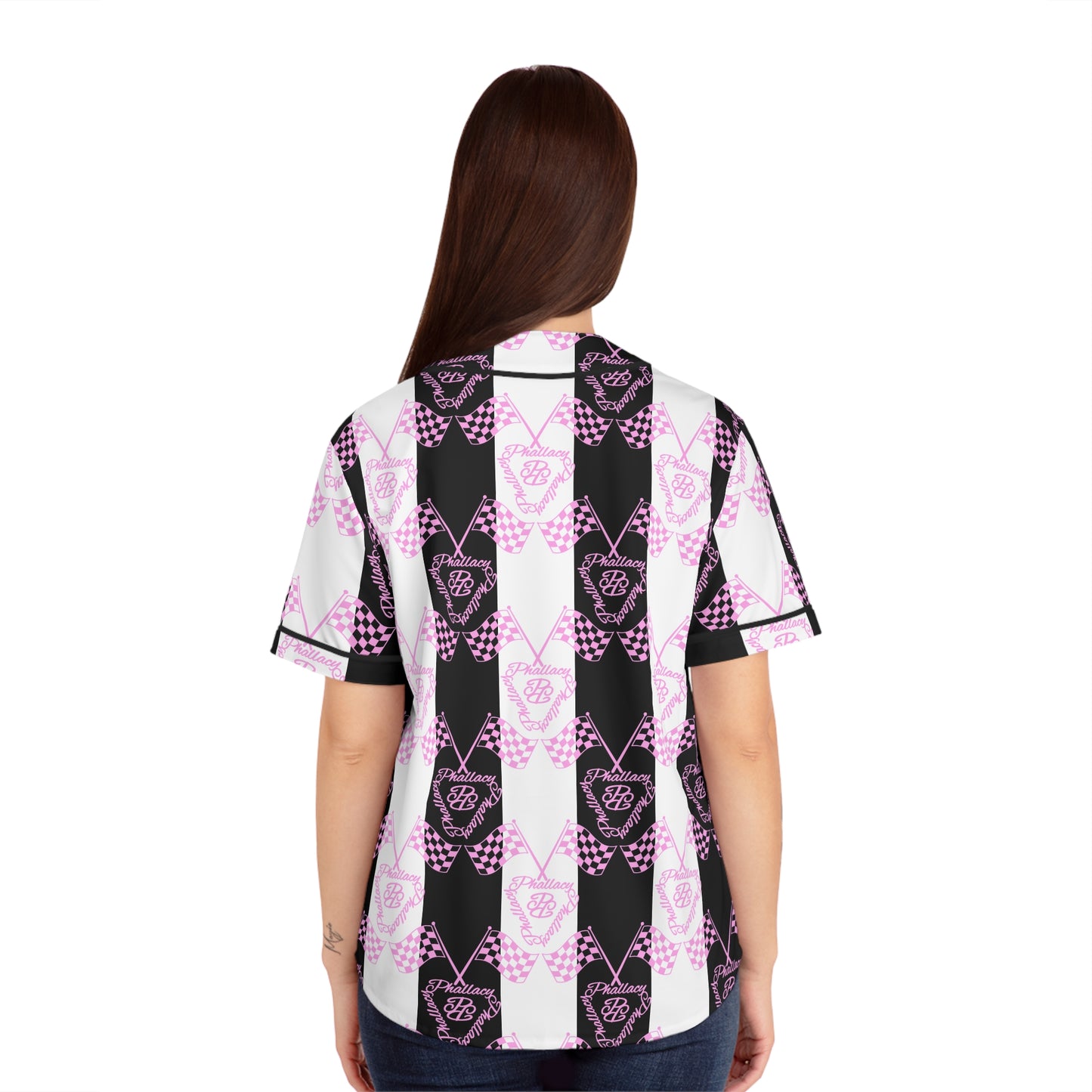 Back view of a designer women's baseball jersey featuring a bold black and pink all over print