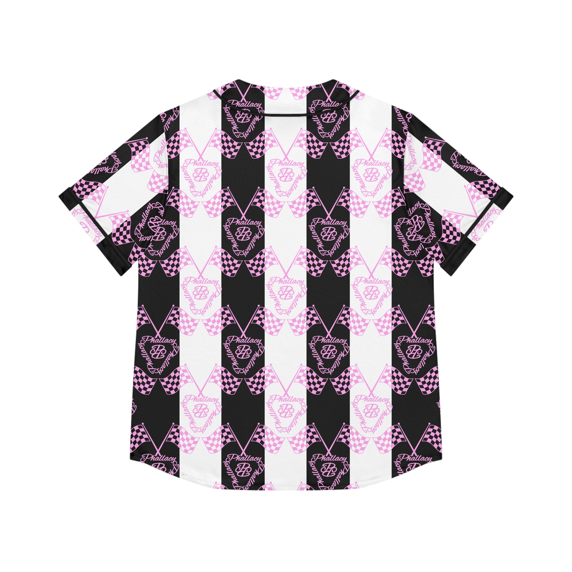Designer women's baseball jersey featuring a vibrant black, white, and pink all over print design