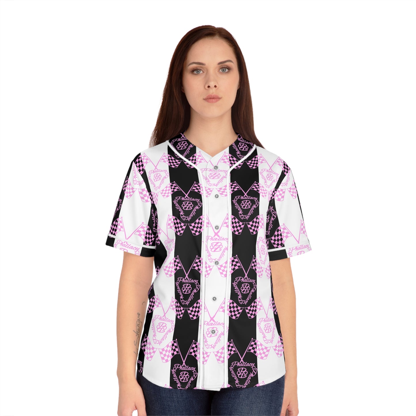Stylish black and white designer women's baseball jersey with a pink checker pattern for trendy casual wear