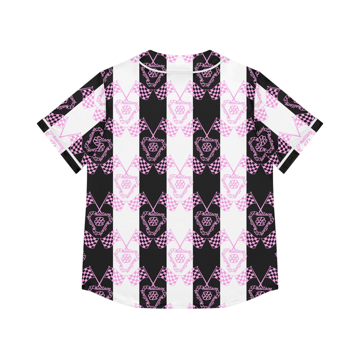 Designer women's baseball jersey in vibrant checkerboard pattern featuring pink and black colors