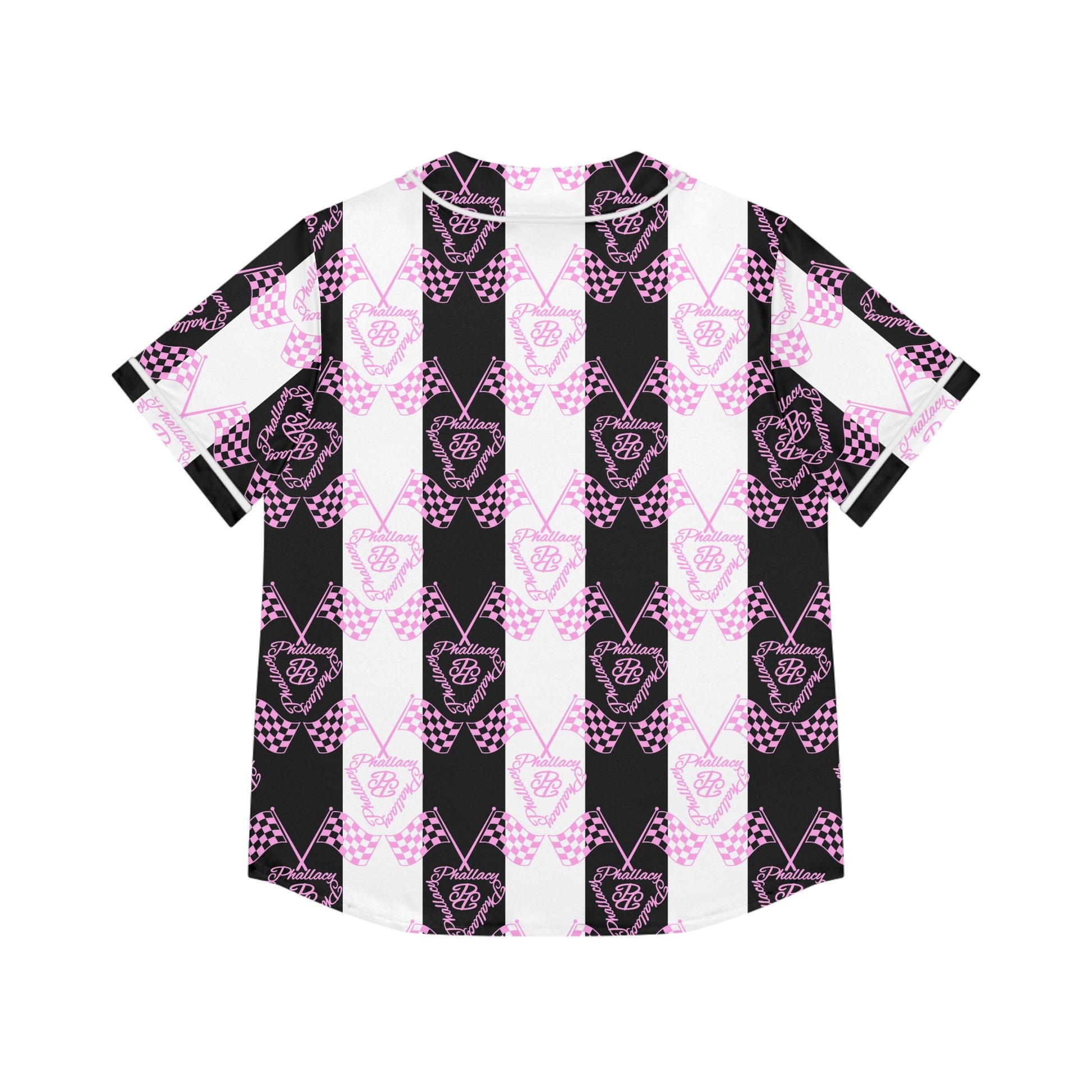 Designer women's baseball jersey in vibrant checkerboard pattern featuring pink and black colors