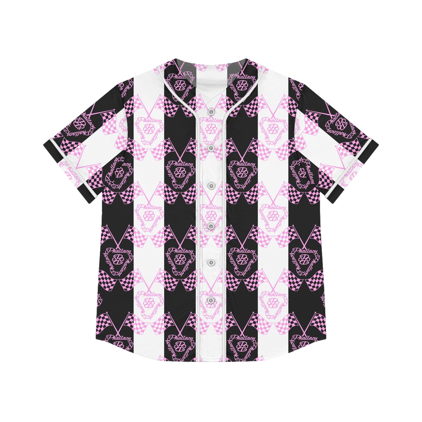 Designer women's baseball jersey featuring a stylish all over print with pink and black colors