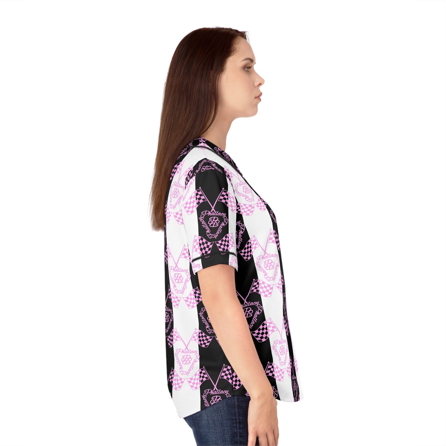Designer women's baseball jersey in black and pink all-over print design, perfect for casual outings