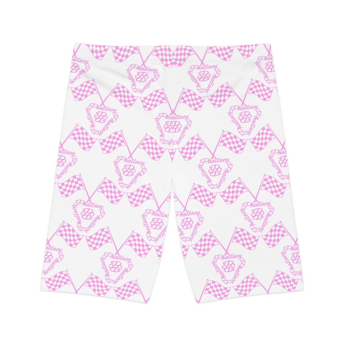 Designer women's biker shorts in pink and white checkerboard pattern with logo design