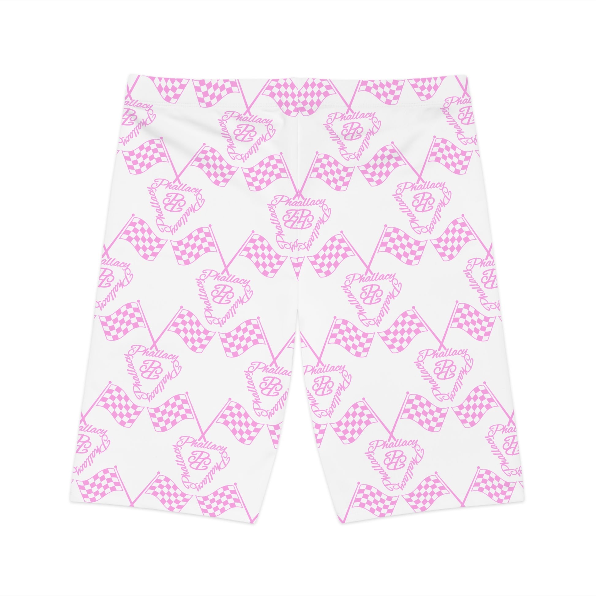 Designer women's biker shorts in pink and white checkerboard pattern with logo design
