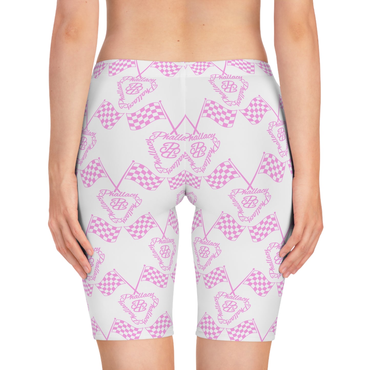 Designer women's biker shorts in pink and white all over print for a stylish active look