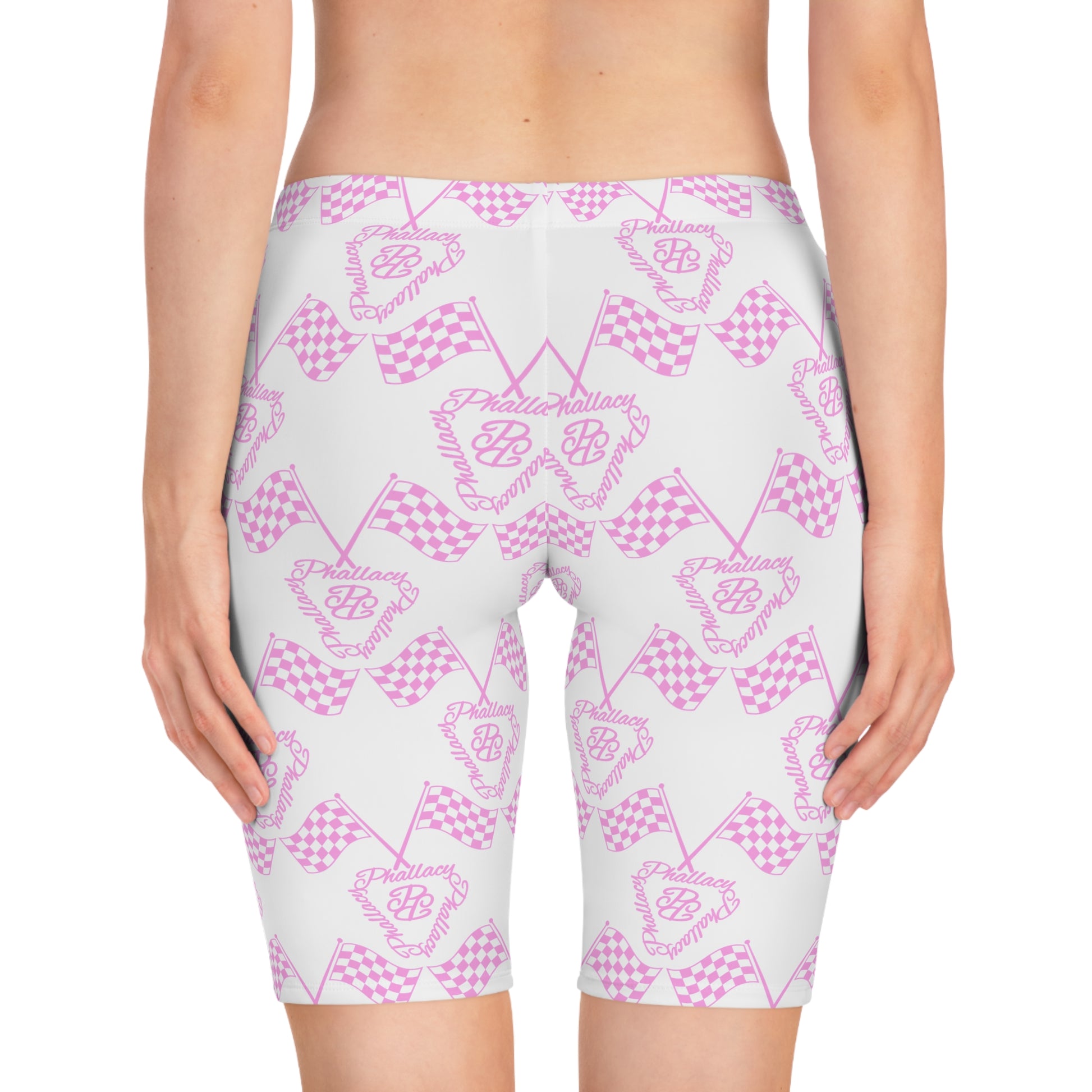 Designer women's biker shorts in pink and white all over print for a stylish active look