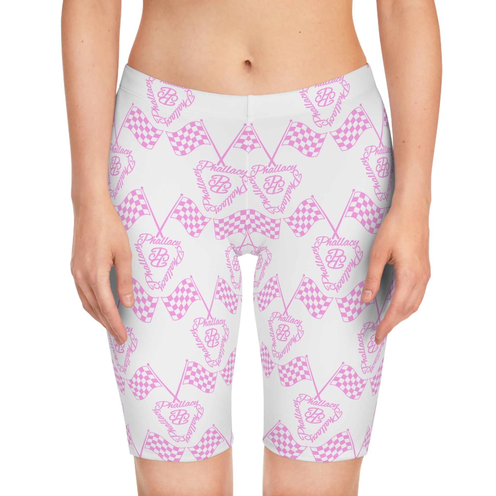 Designer women's biker shorts with an all over pink and white checker pattern from Printify