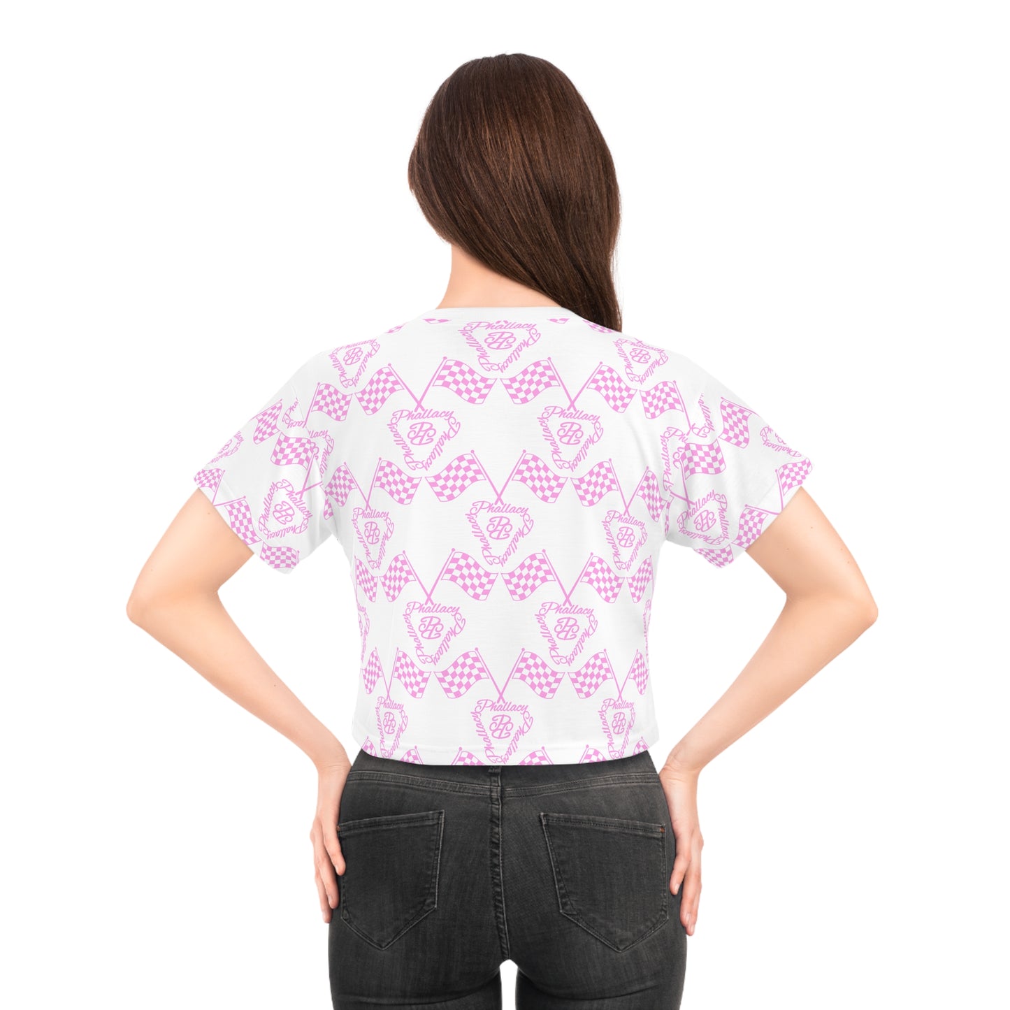 Back view of a designer women's cropped tee with a vibrant all over prints pattern in pink and white