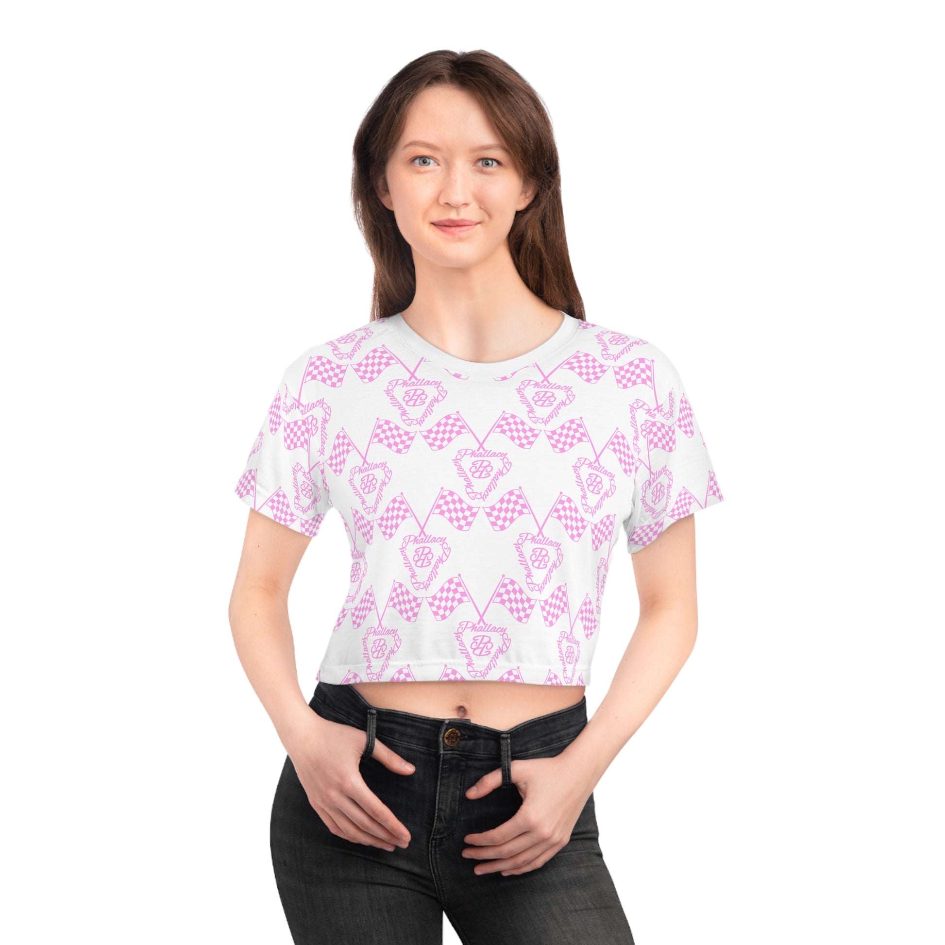 Stylish all-over print designer women's cropped tee in pink and white with a modern pattern