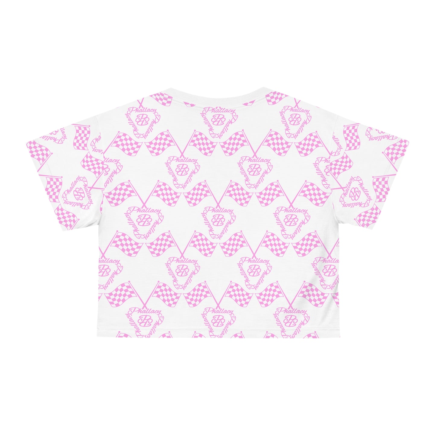 All Over Print Designer Women's Cropped Tee in Pink with Butterfly and Checkered Pattern
