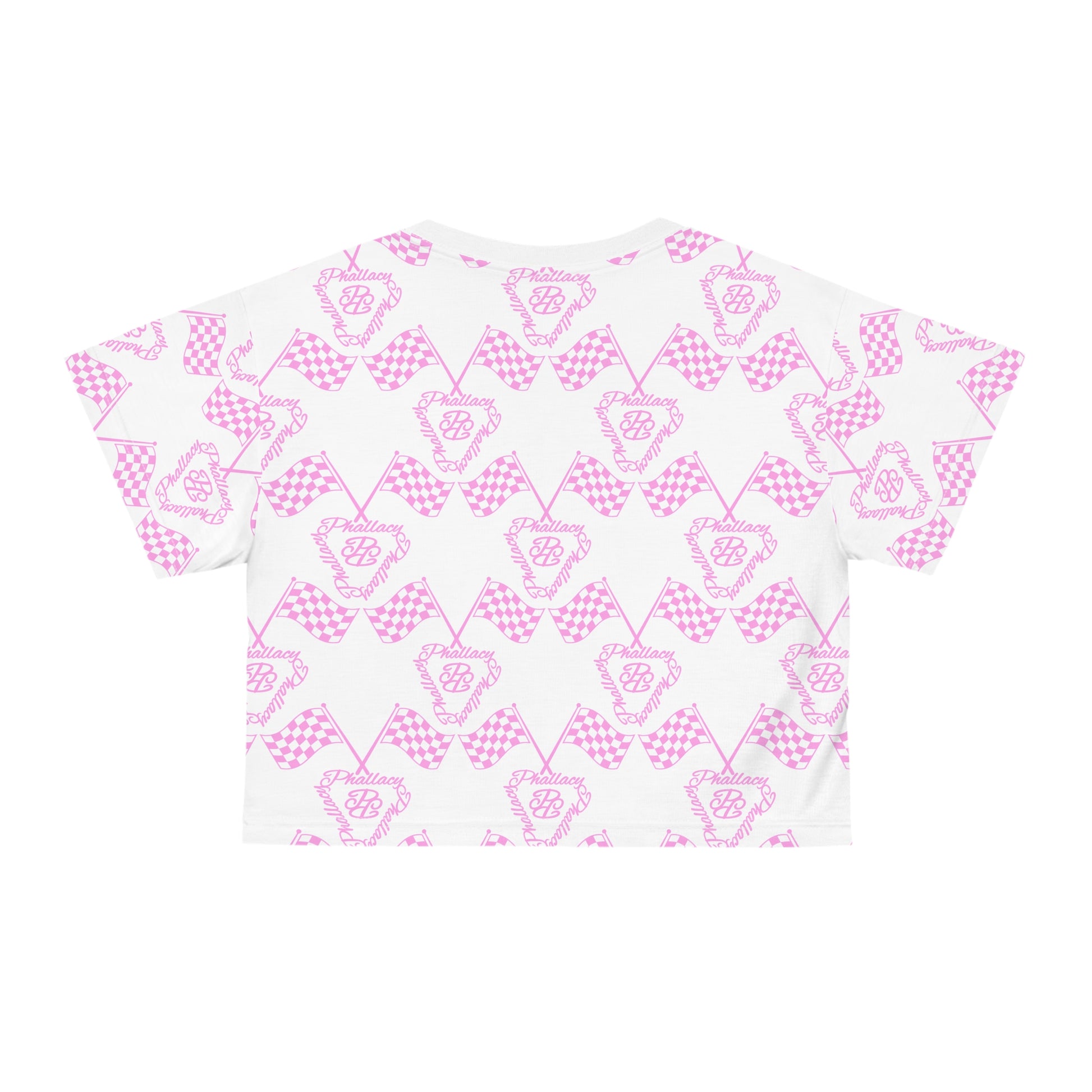 All Over Print Designer Women's Cropped Tee in Pink with Butterfly and Checkered Pattern
