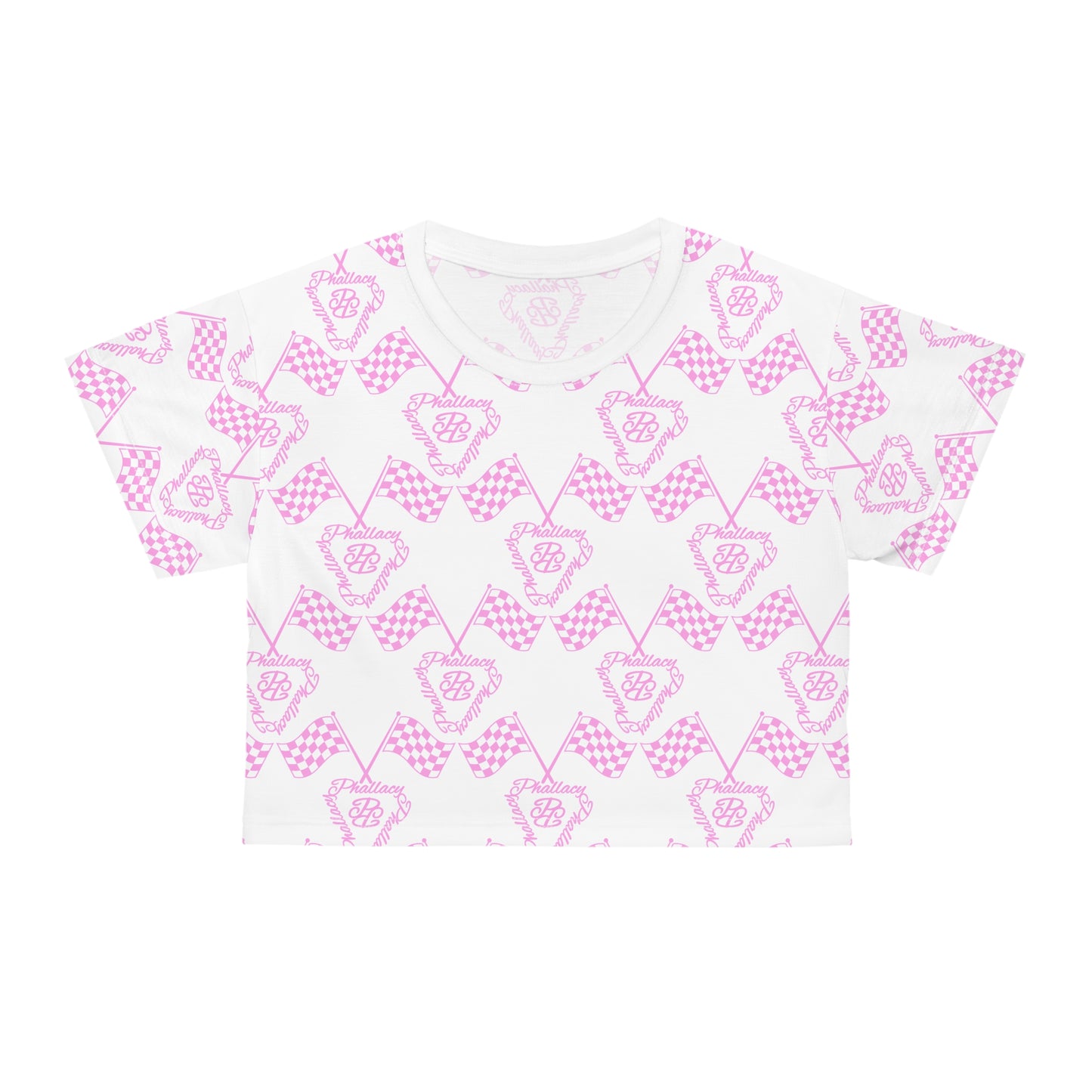 Printify designer women's cropped tee with a pink and white checked butterfly pattern