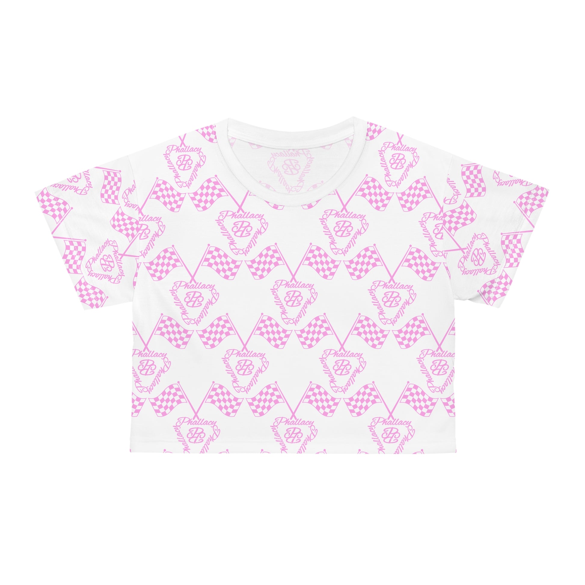 Printify designer women's cropped tee with a pink and white checked butterfly pattern