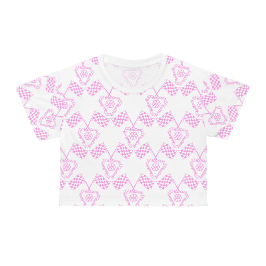 Printify designer women's cropped tee with a pink and white checked butterfly pattern