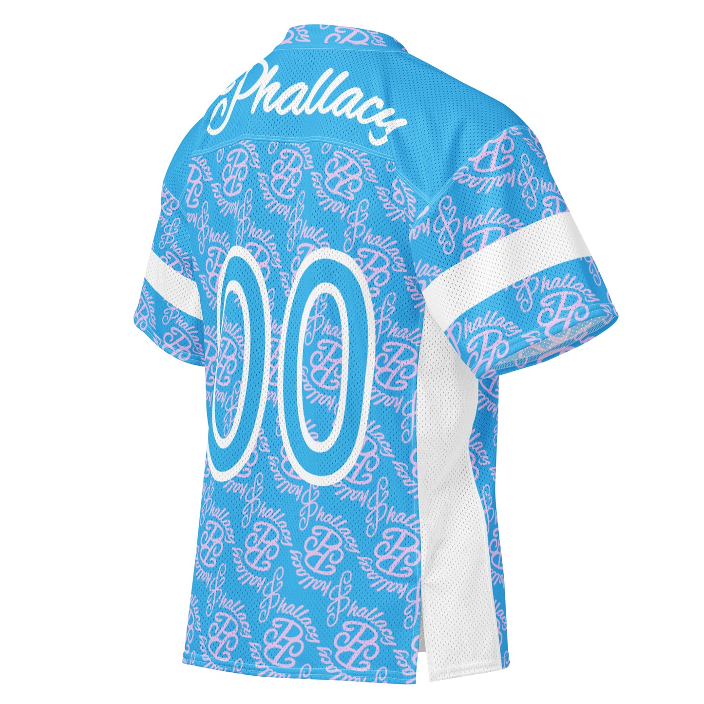 Designer women's football jersey in blue with all over print and white accents for stylish athletes