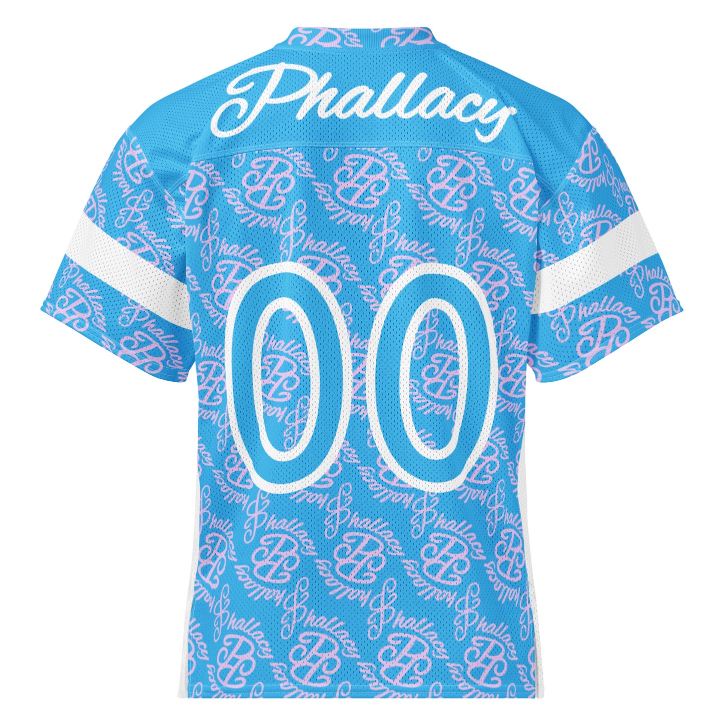 Designer women's football jersey in blue with all over print and stylish lettering on the back