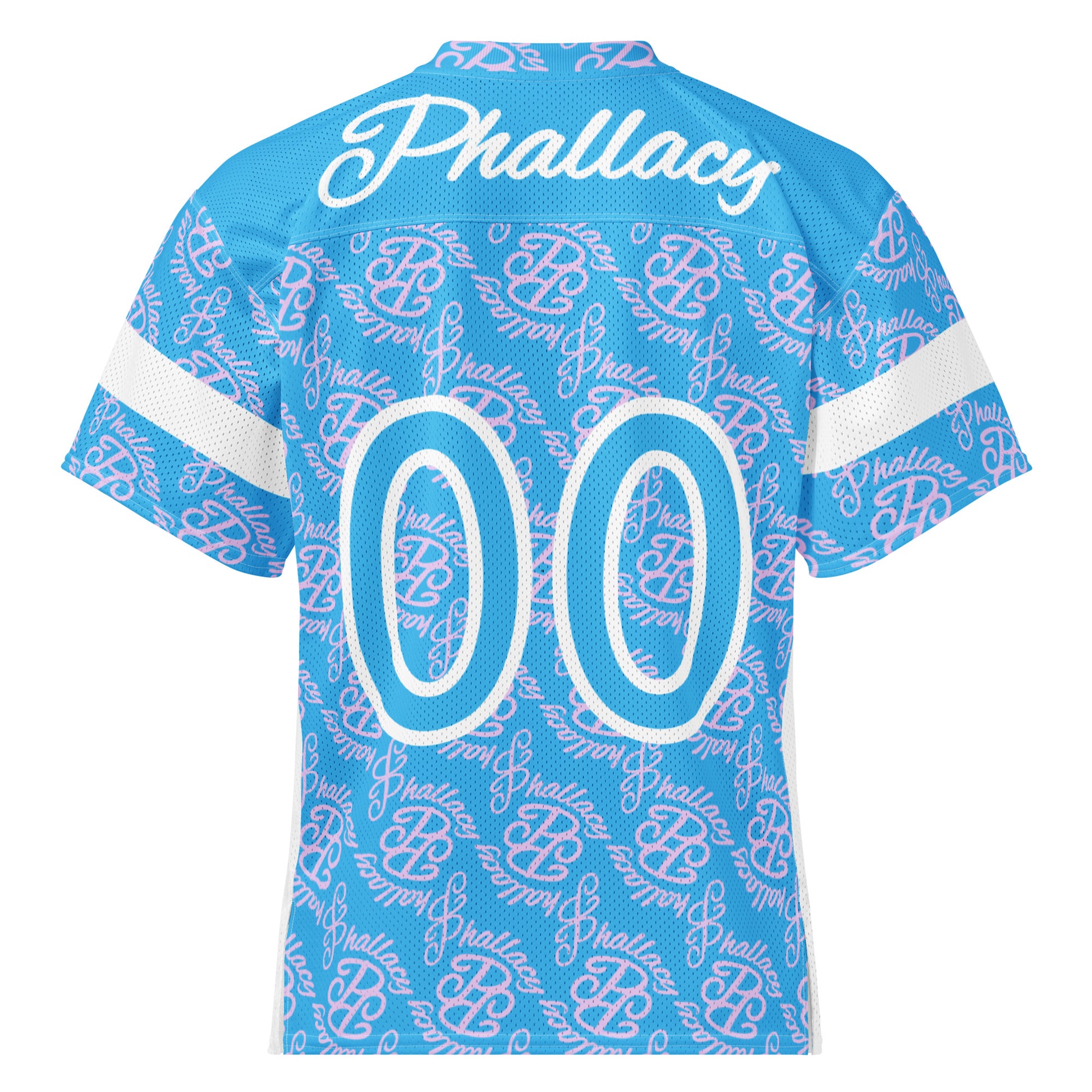 Designer women's football jersey in blue with all over print and stylish lettering on the back