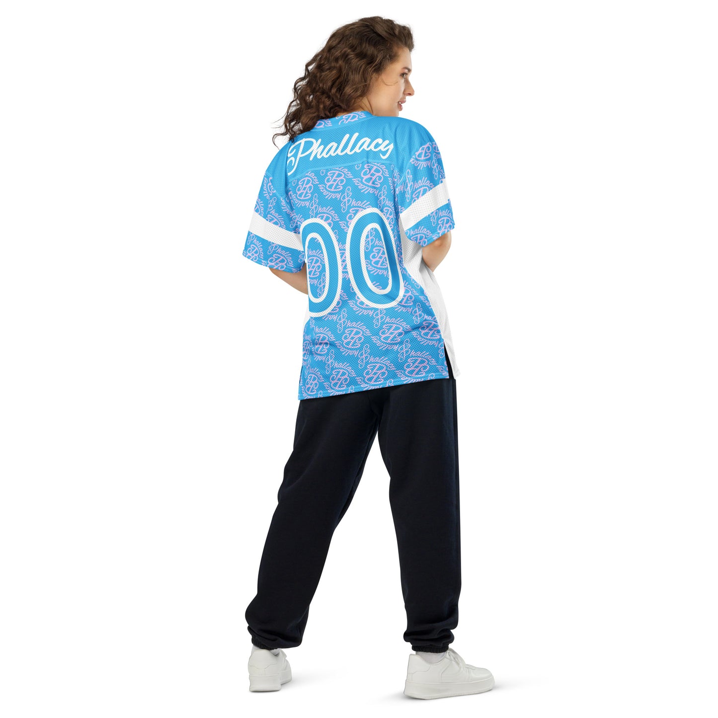 Designer women's football jersey in blue with unique all over print and personalized back design