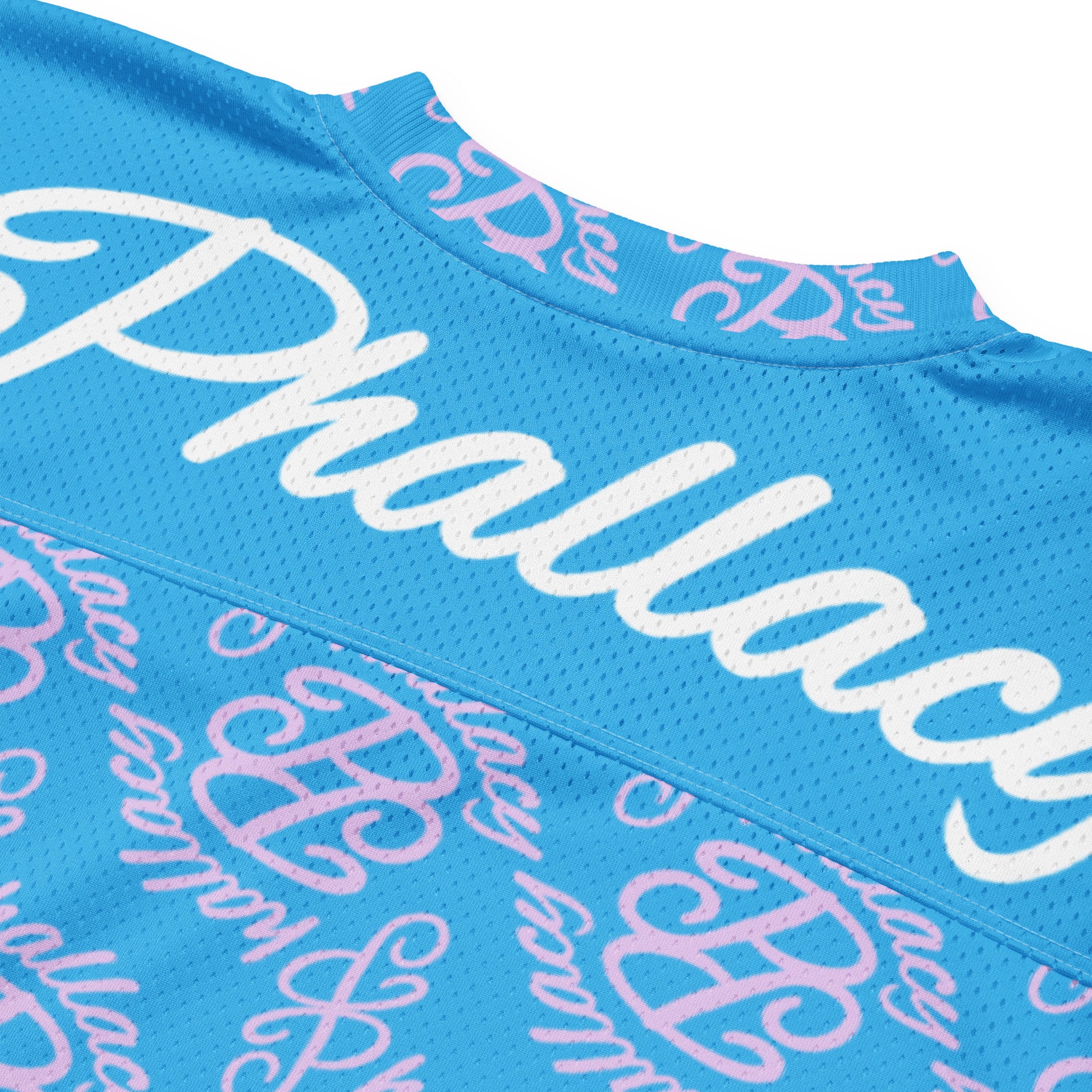 Designer women's football jersey in blue with unique patterns and stylish lettering