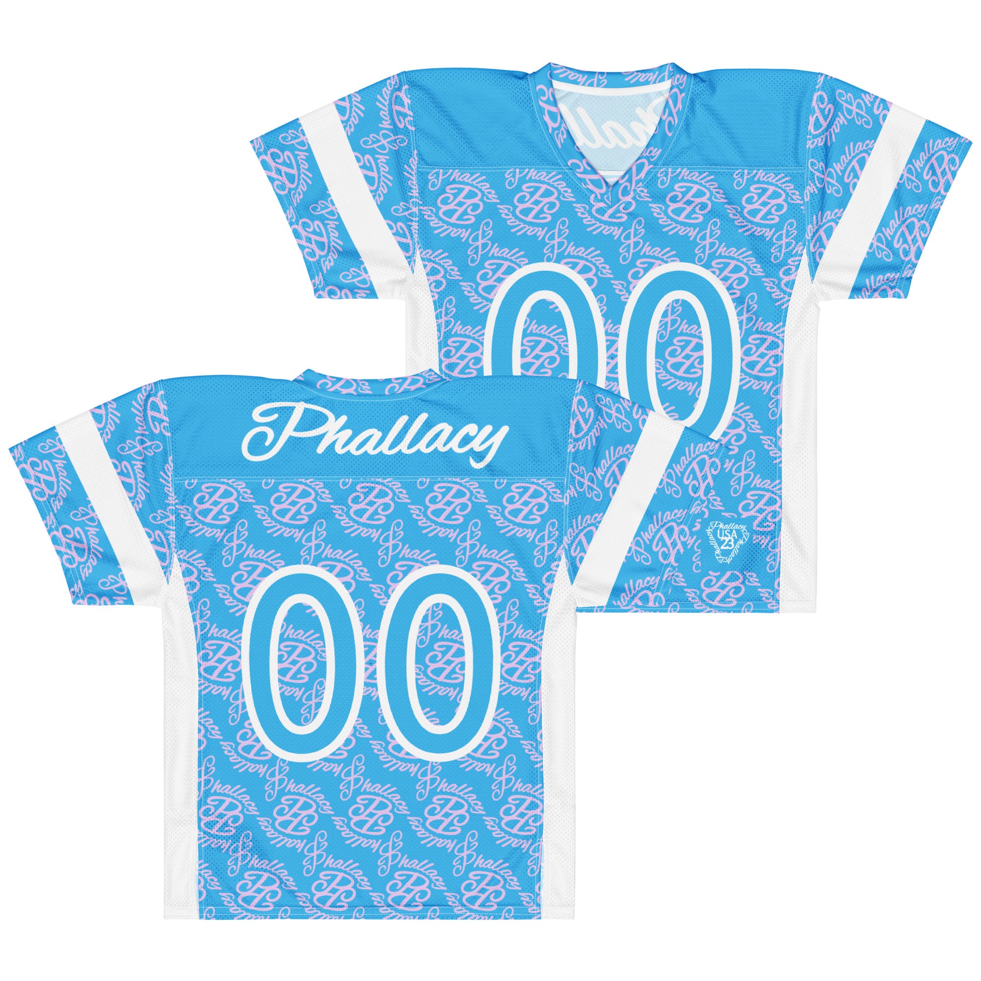 Designer women's football jersey in light blue with stylish all over prints and unique name customization