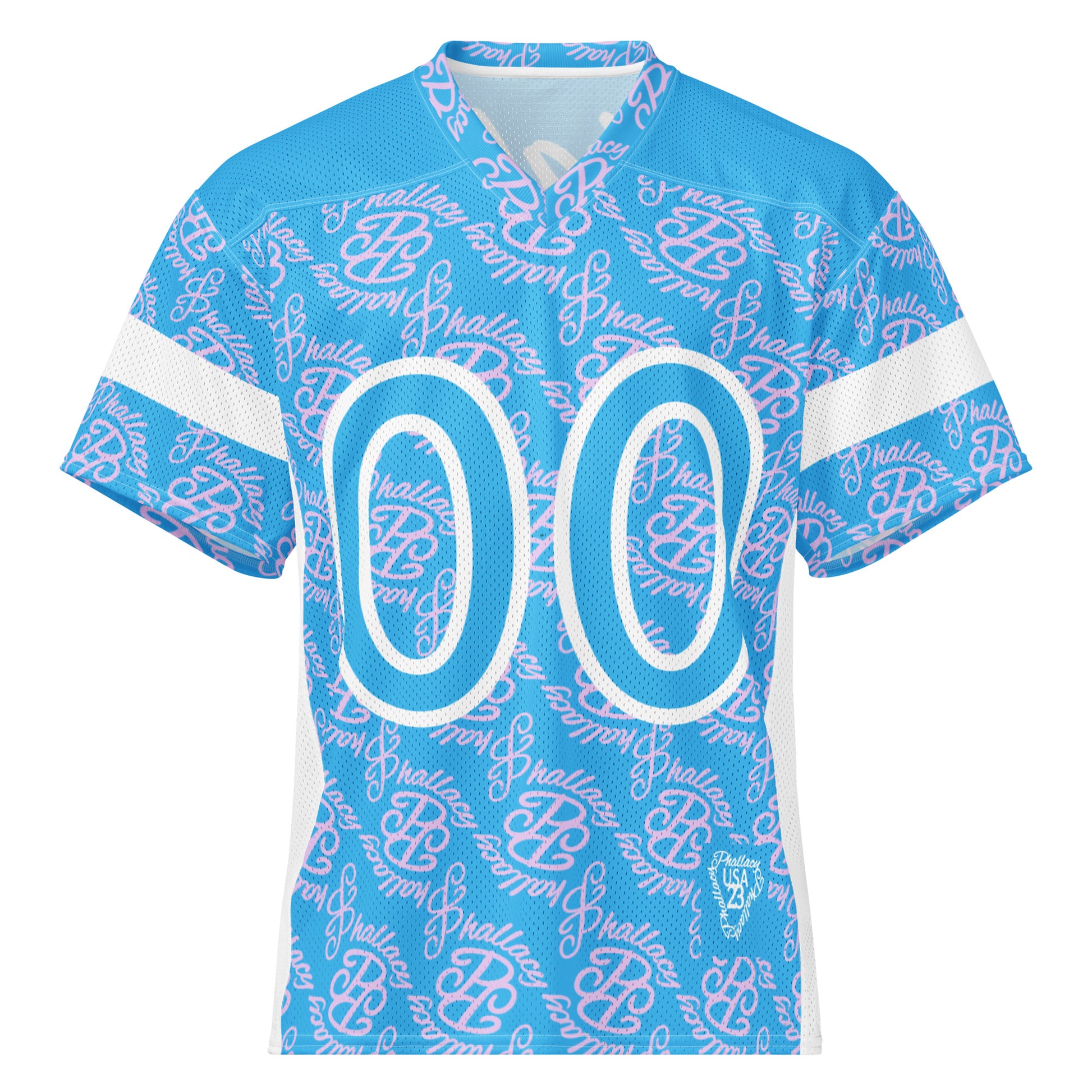 Designer women's football jersey in light blue with patterned prints and large numbers for a stylish look