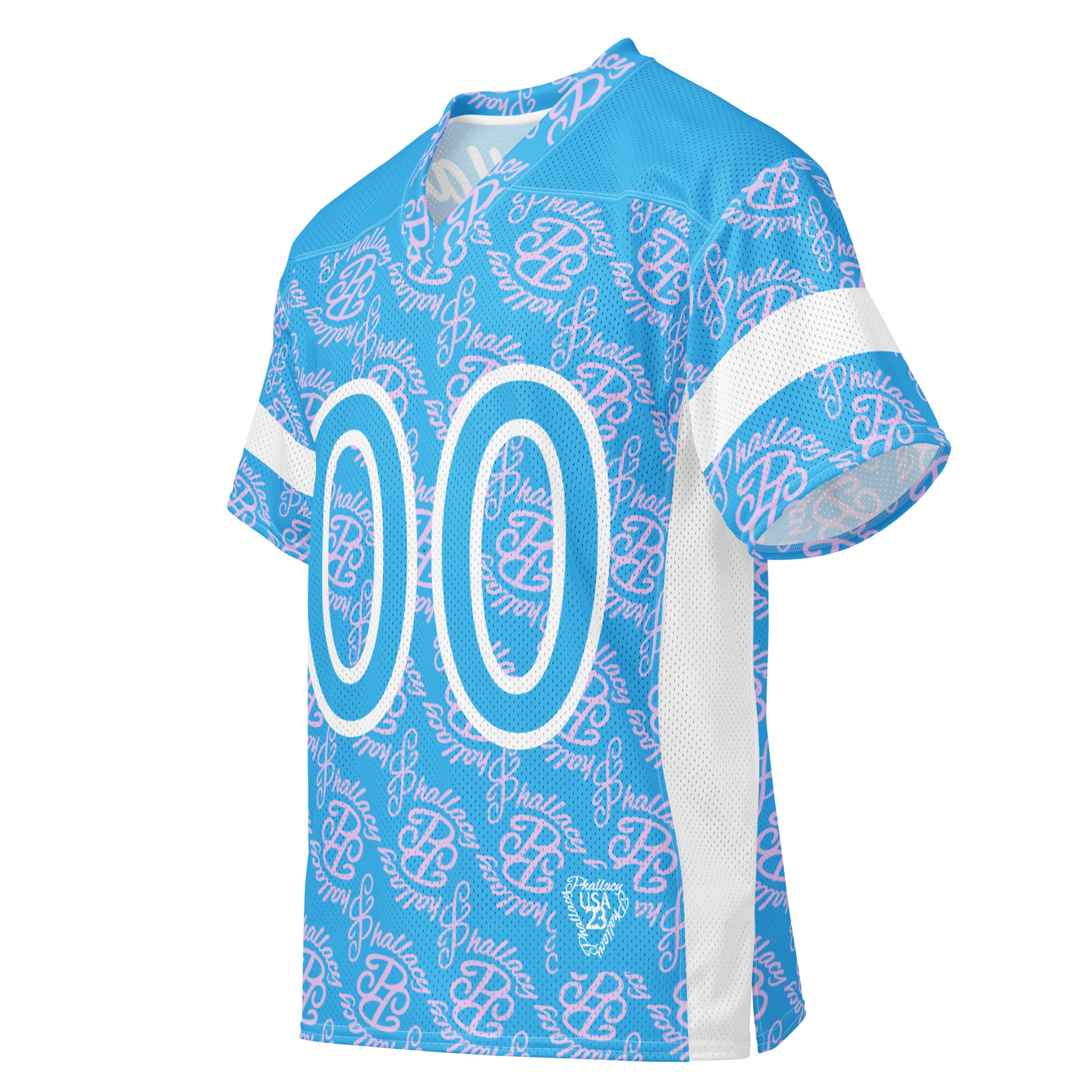 Designer women's football jersey in light blue with repeating logo print and bold numbers