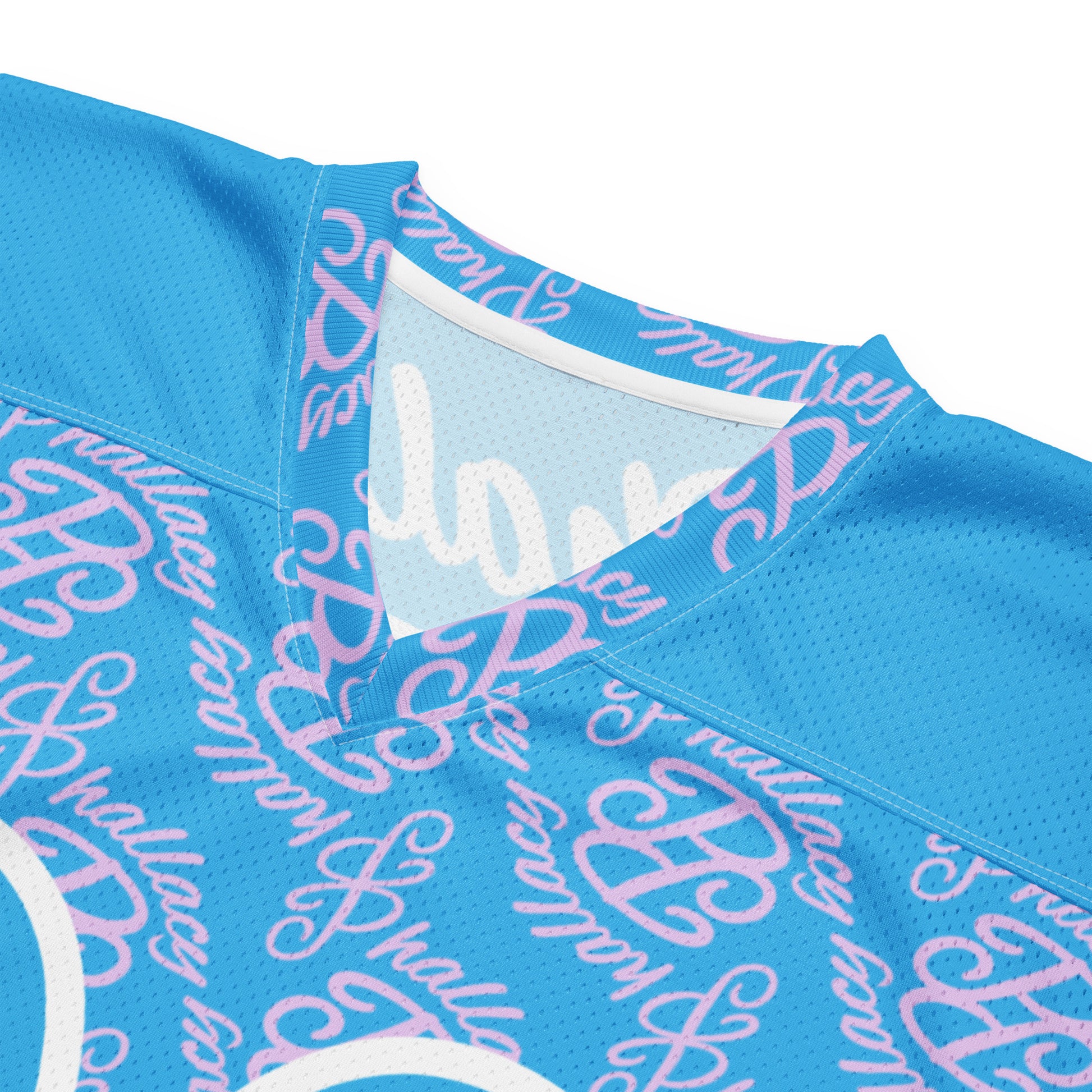 Designer women's football jersey in blue with stylish all-over print design and breathable material