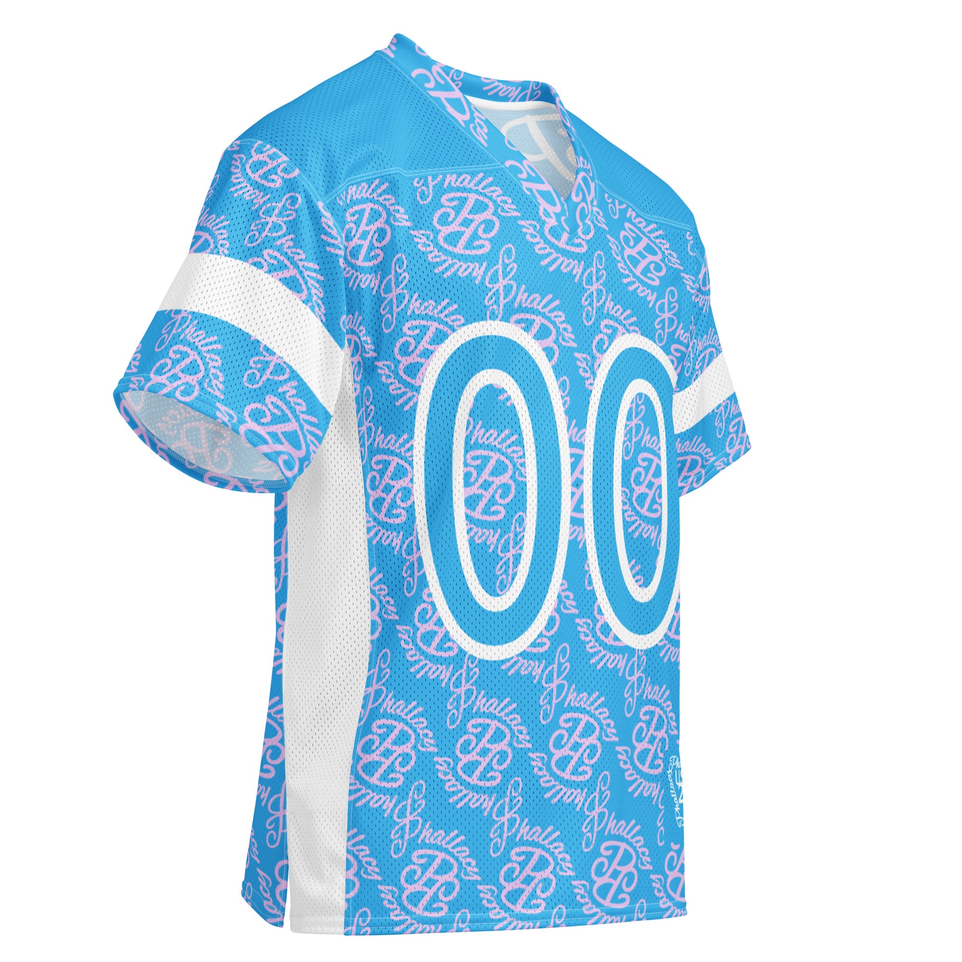 Designer women's football jersey in blue with all over print and bold white details on sleeves