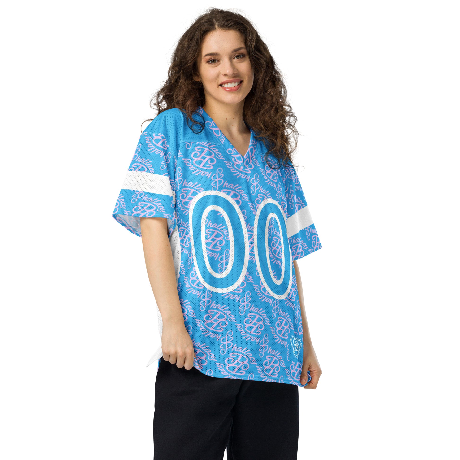 Stylish designer women's football jersey in blue with bold prints for trendy sportswear