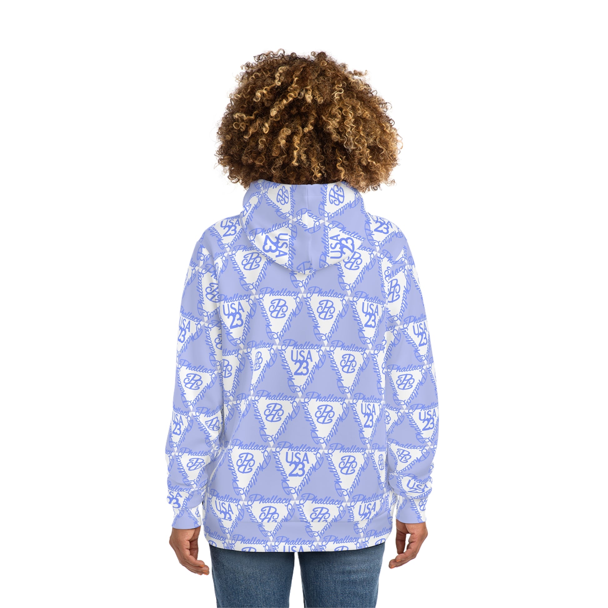 Designer women's hoodie featuring an all over print in light blue with unique patterns