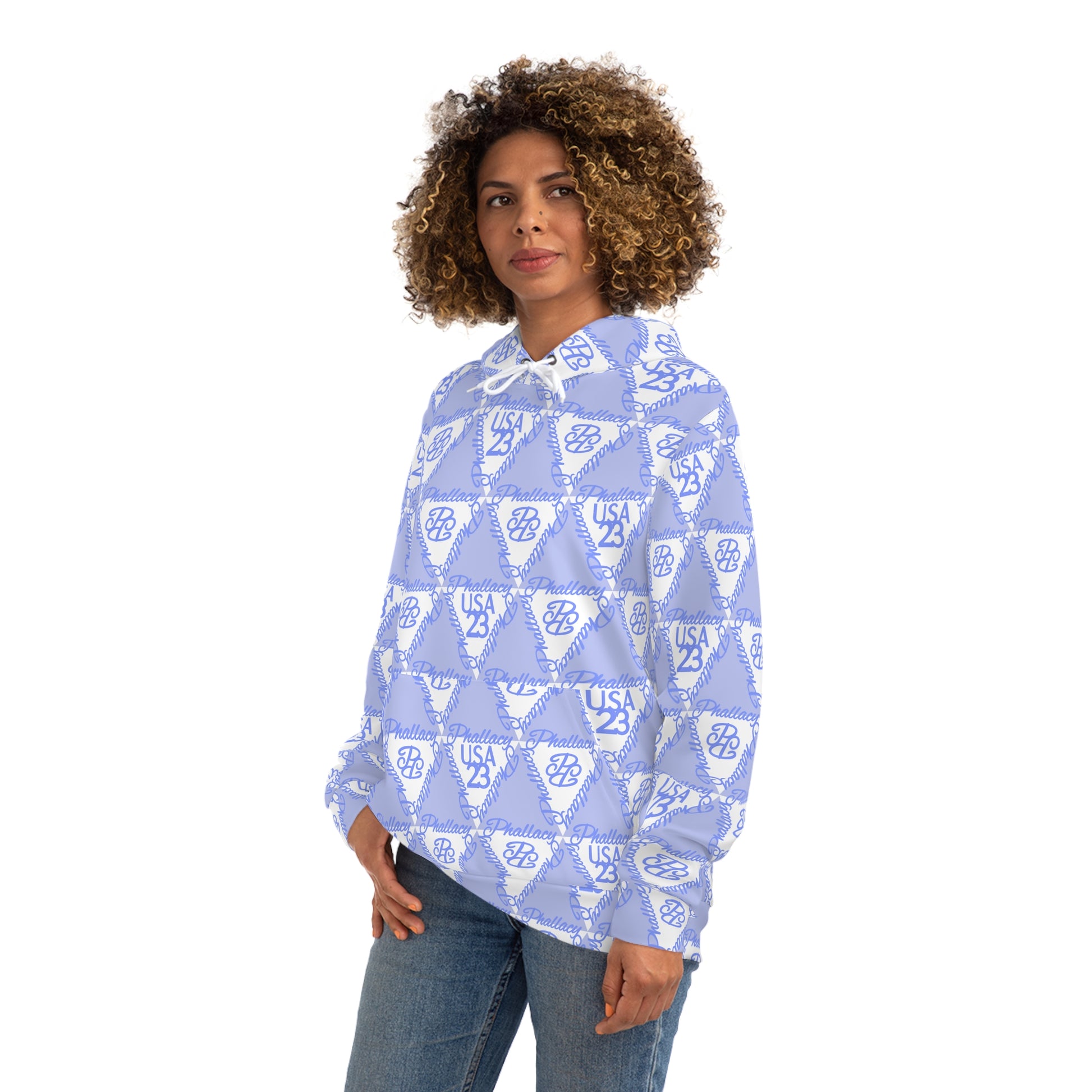 Stylish designer women's hoodie with an all-over print featuring blue and white geometric patterns