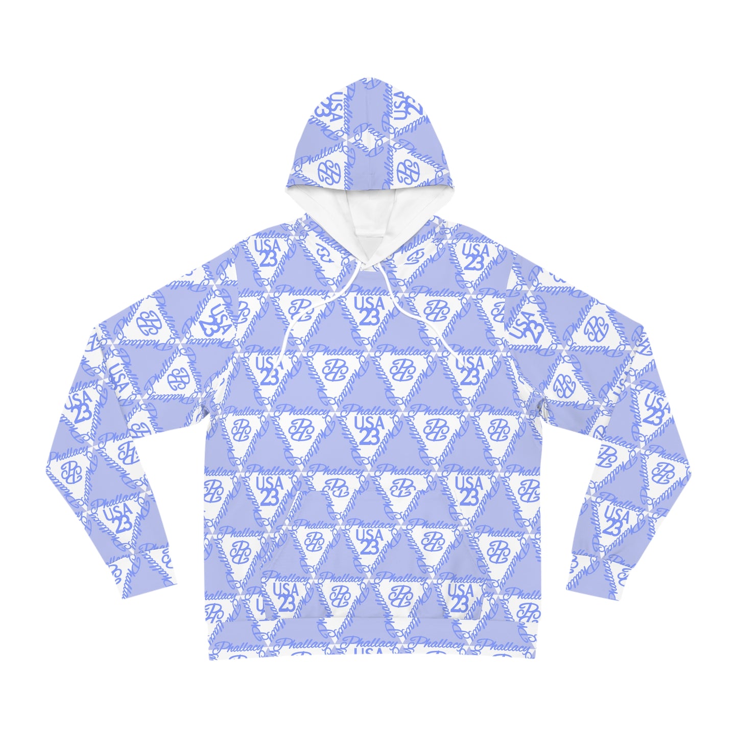 Designer women's hoodie with an all-over print of blue geometric patterns and logos