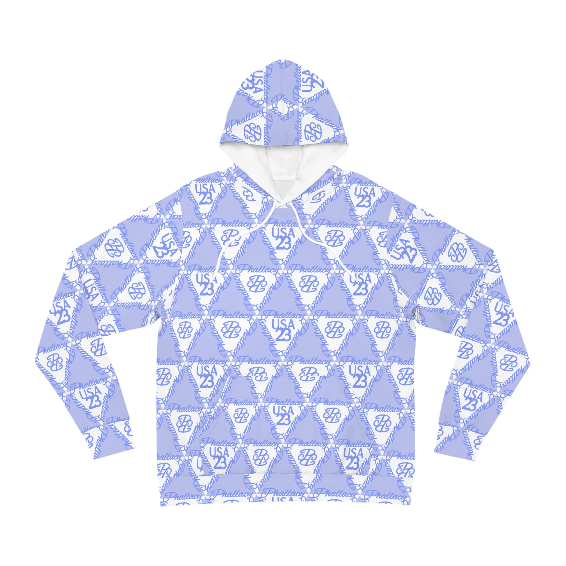 Designer women's hoodie with an all-over print of blue geometric patterns and logos