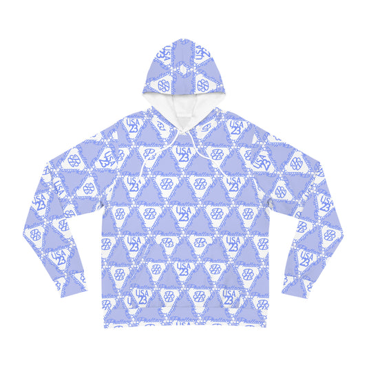 Designer women's hoodie with an all-over print of blue geometric patterns and logos