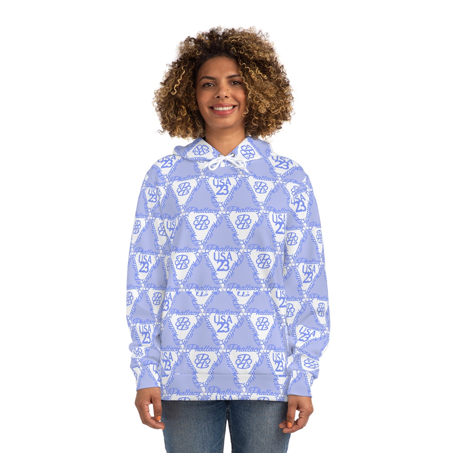 All-over print designer women's hoodie in blue with stylish USA graphics and a modern fit