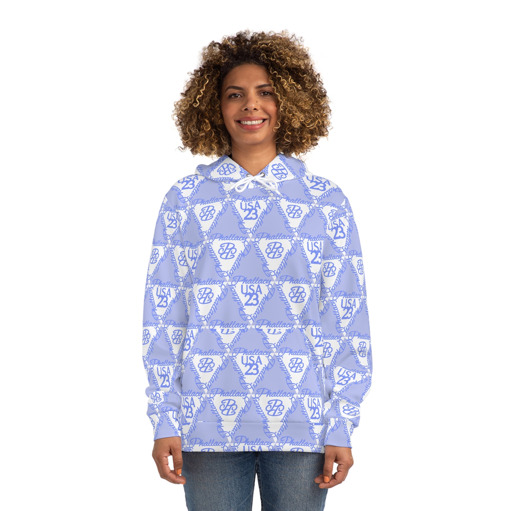 All-over print designer women's hoodie in blue with stylish USA graphics and a modern fit