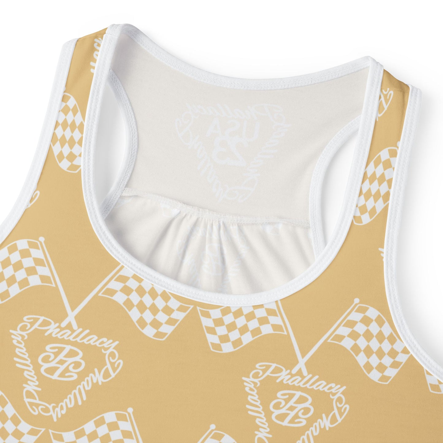Stylish designer women's tank top featuring a unique checkered flag pattern in soft beige