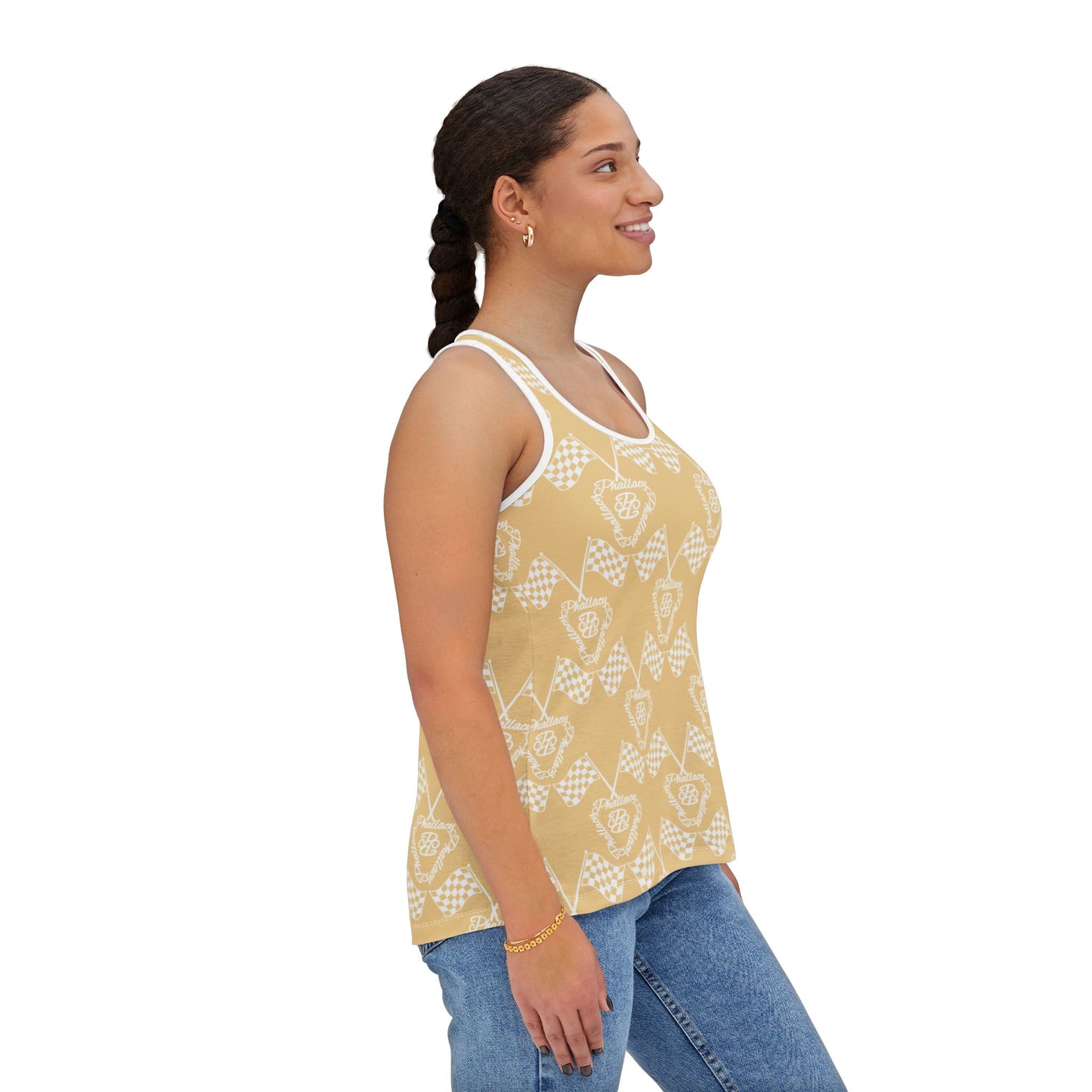 Designer women's tank top in a light yellow pattern, perfect for casual summer outfits
