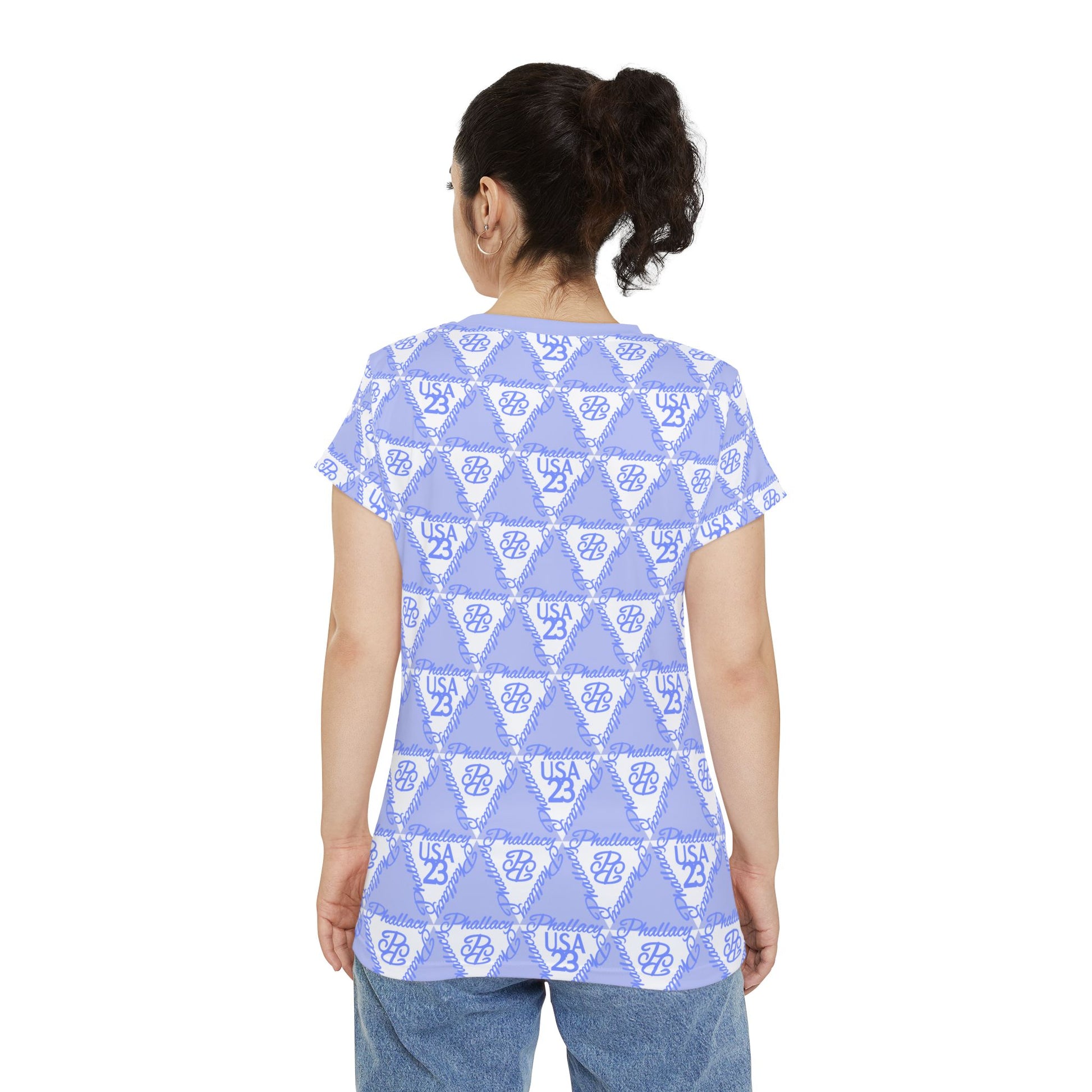 All Over Print Designer Women's Tee with Geometric Blue Pattern for Unique Style
