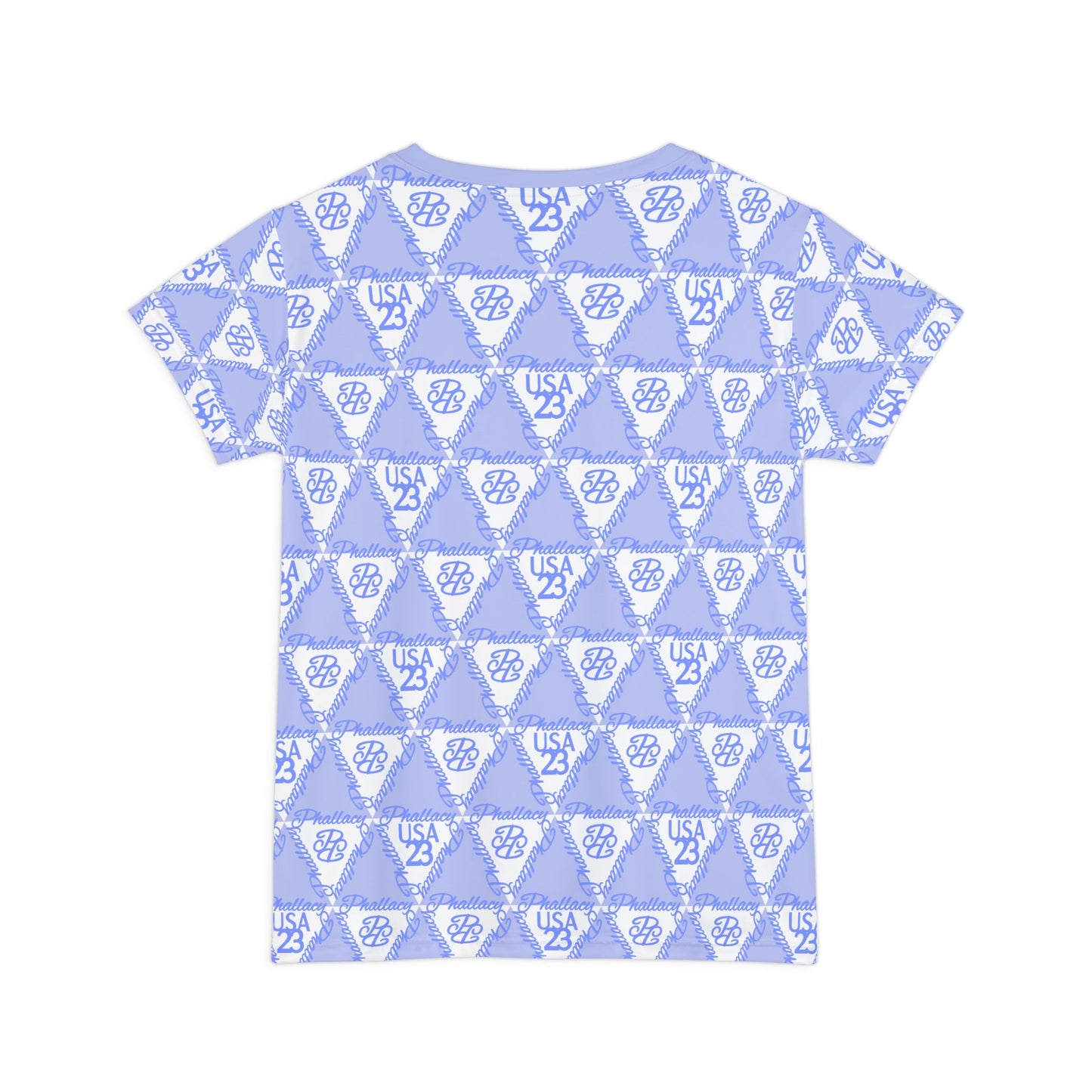 All Over Prints in Light Blue featuring a geometric design on a designer women's tee
