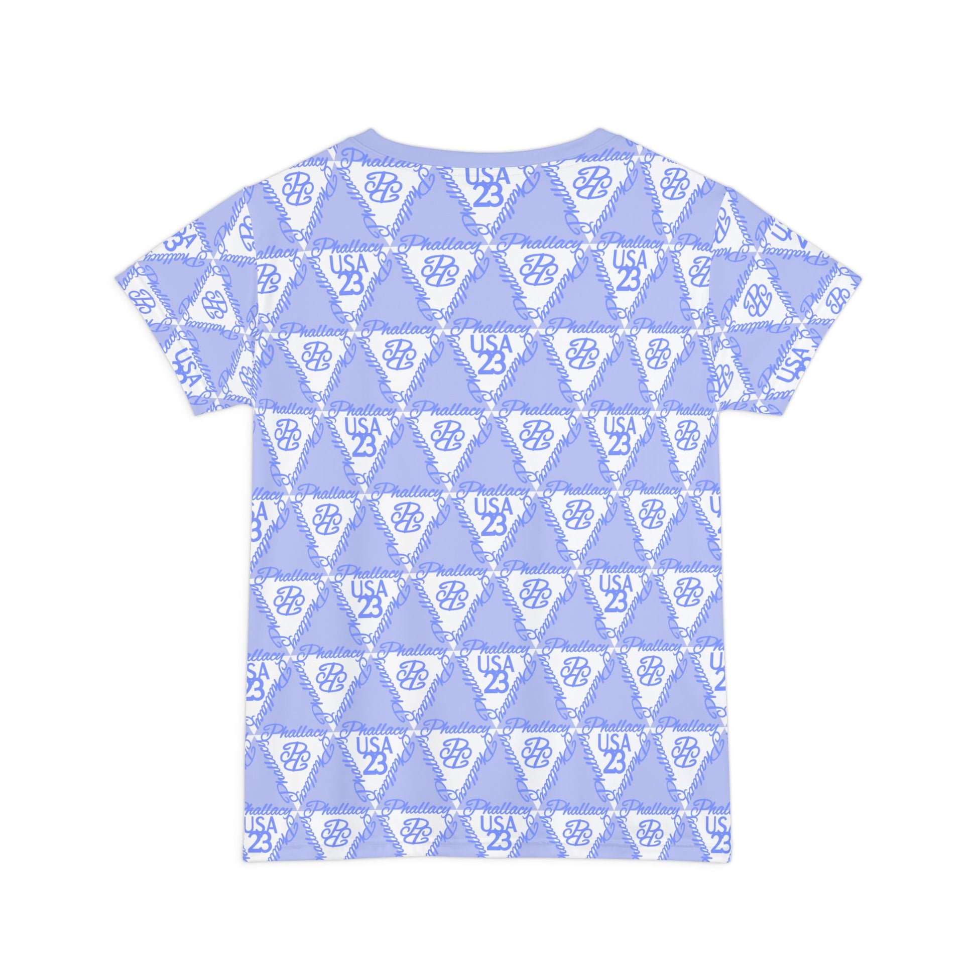 All Over Prints in Light Blue featuring a geometric design on a designer women's tee