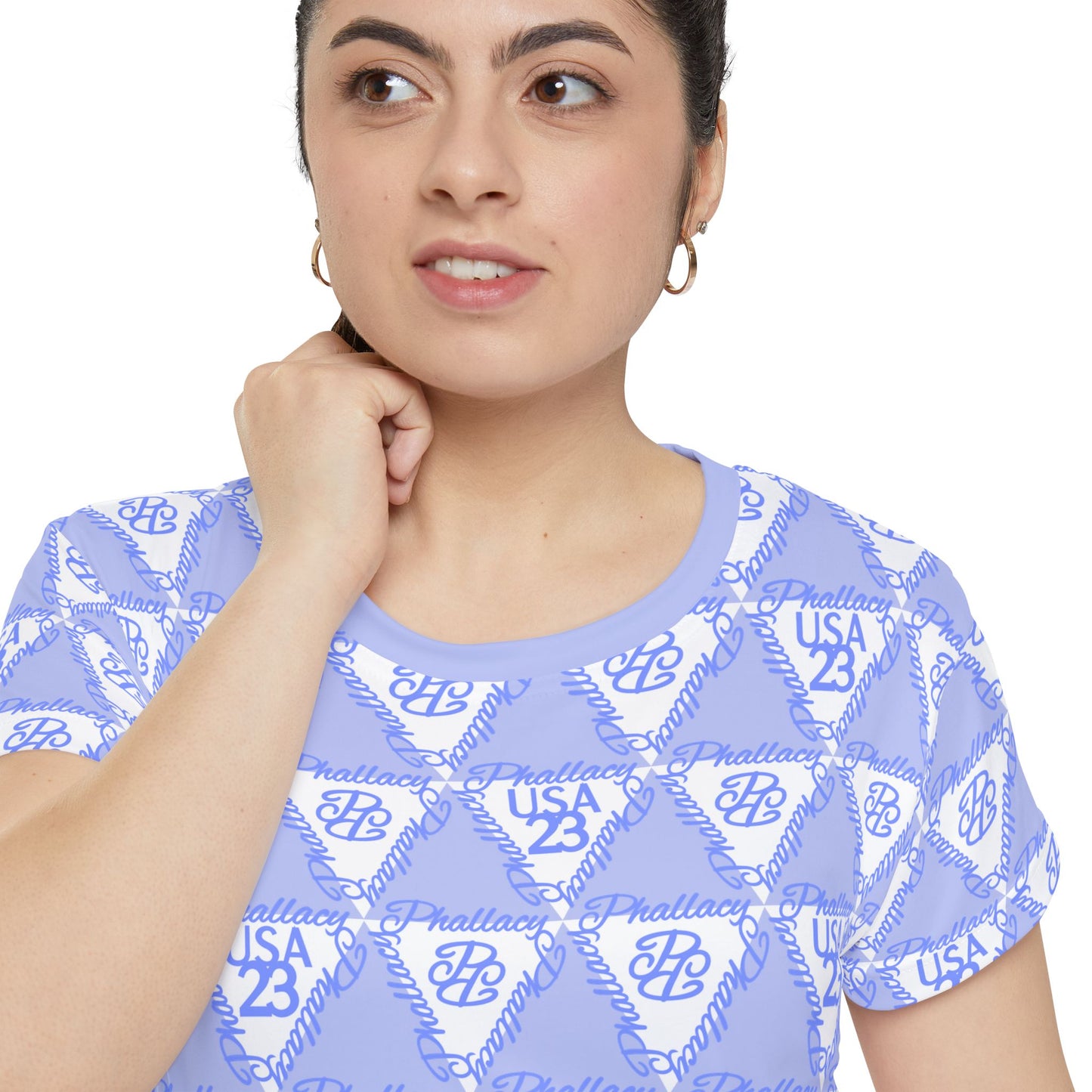 All Over Print Designer Women's Tee in Light Blue with Unique Pattern for Stylish Outfits